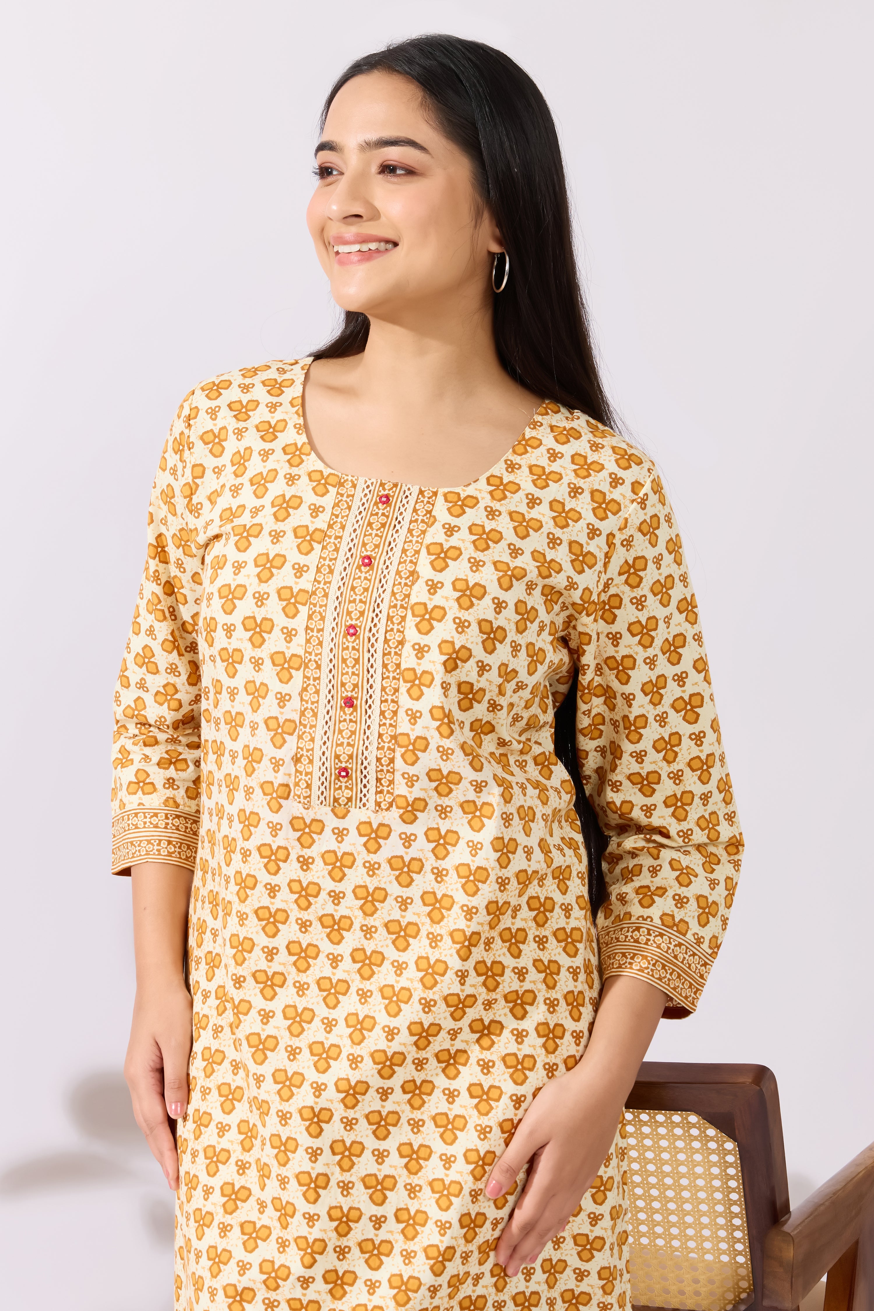 Geometry Printed Cotton Nighty with Lace Embellished Yoke