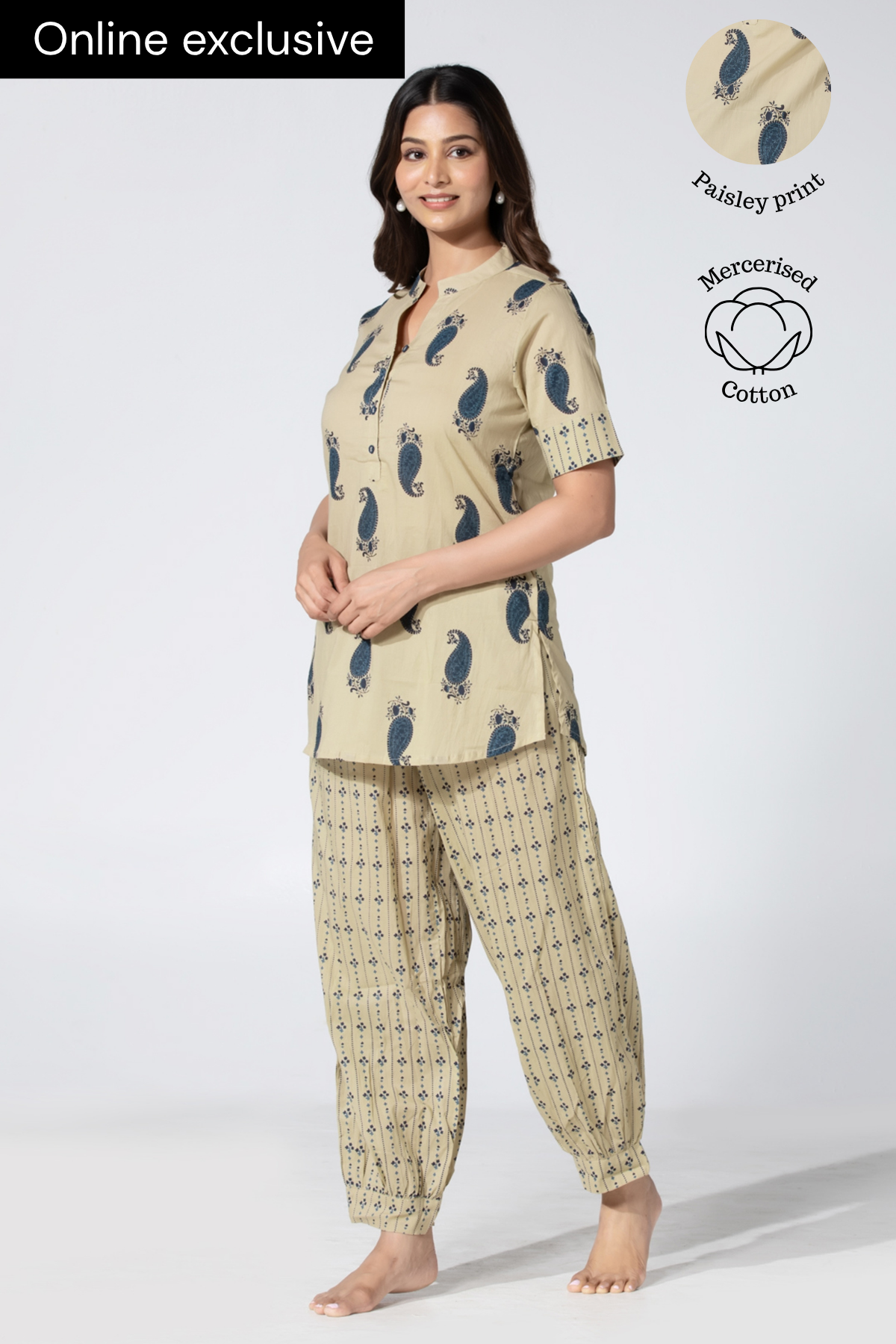 Paisley Printed Beige & Blue Cotton Pyjama Set