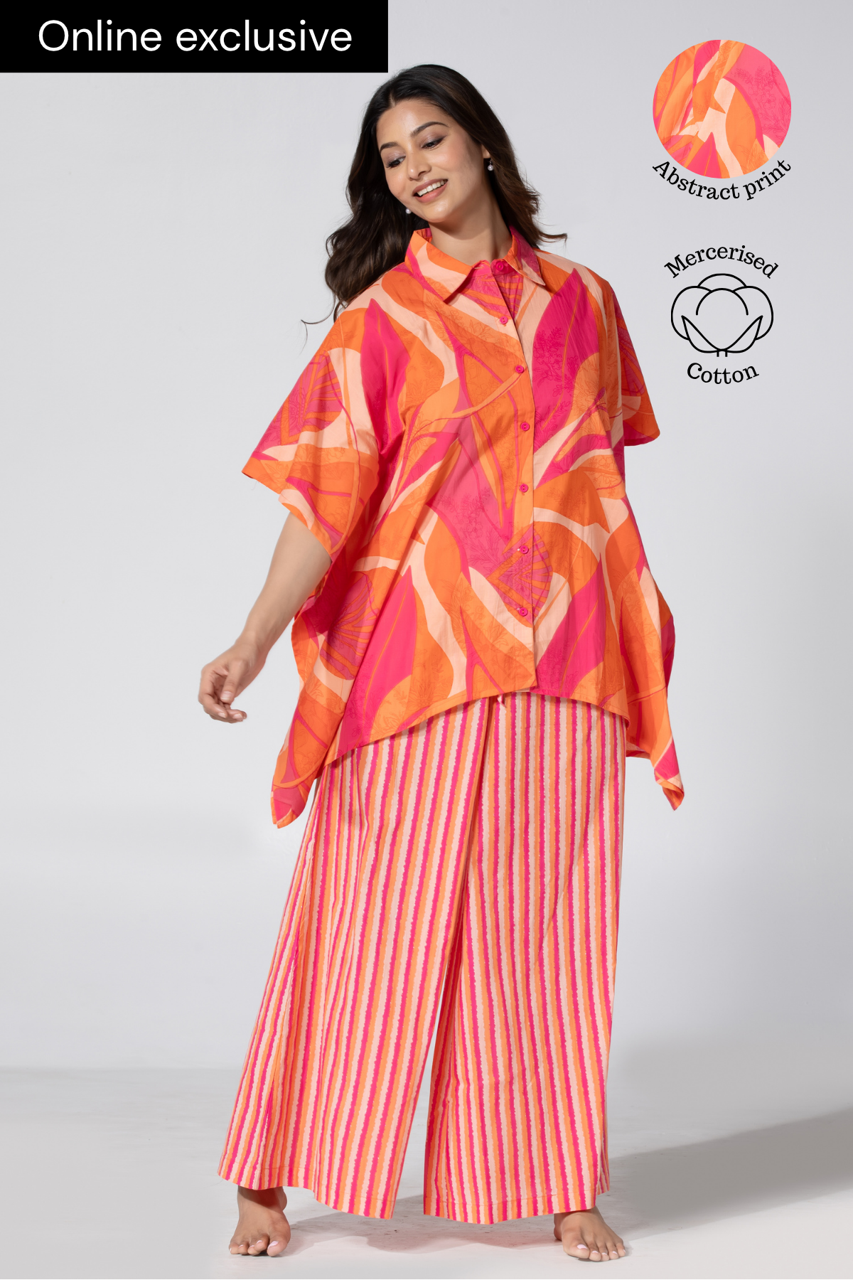 Abstract Floral Printed Pink & Orange Cotton Pyjama Set
