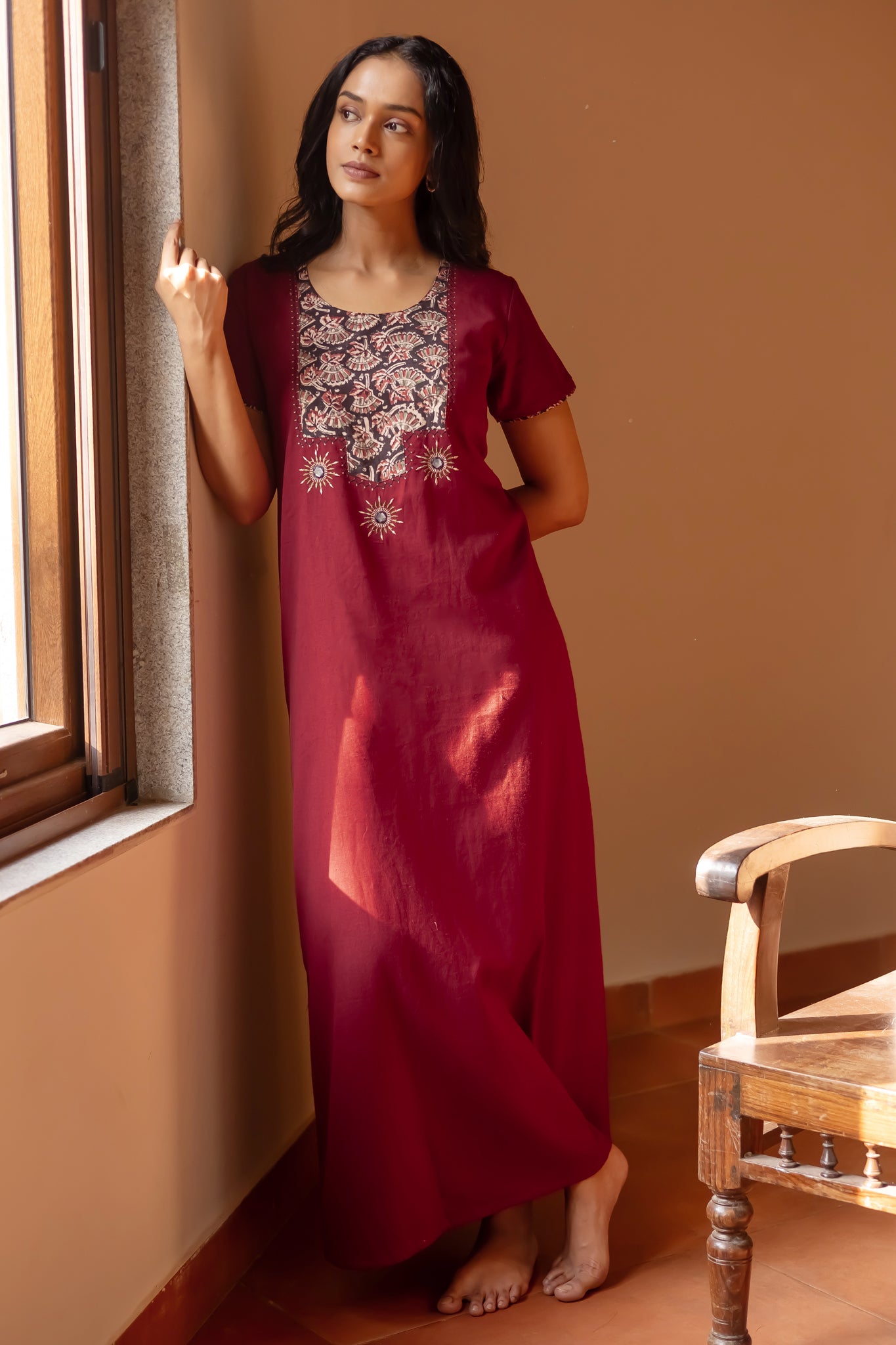 Kalamkari Yoke Patchwork Nighty with Foil Mirror Embroidery - Maroon