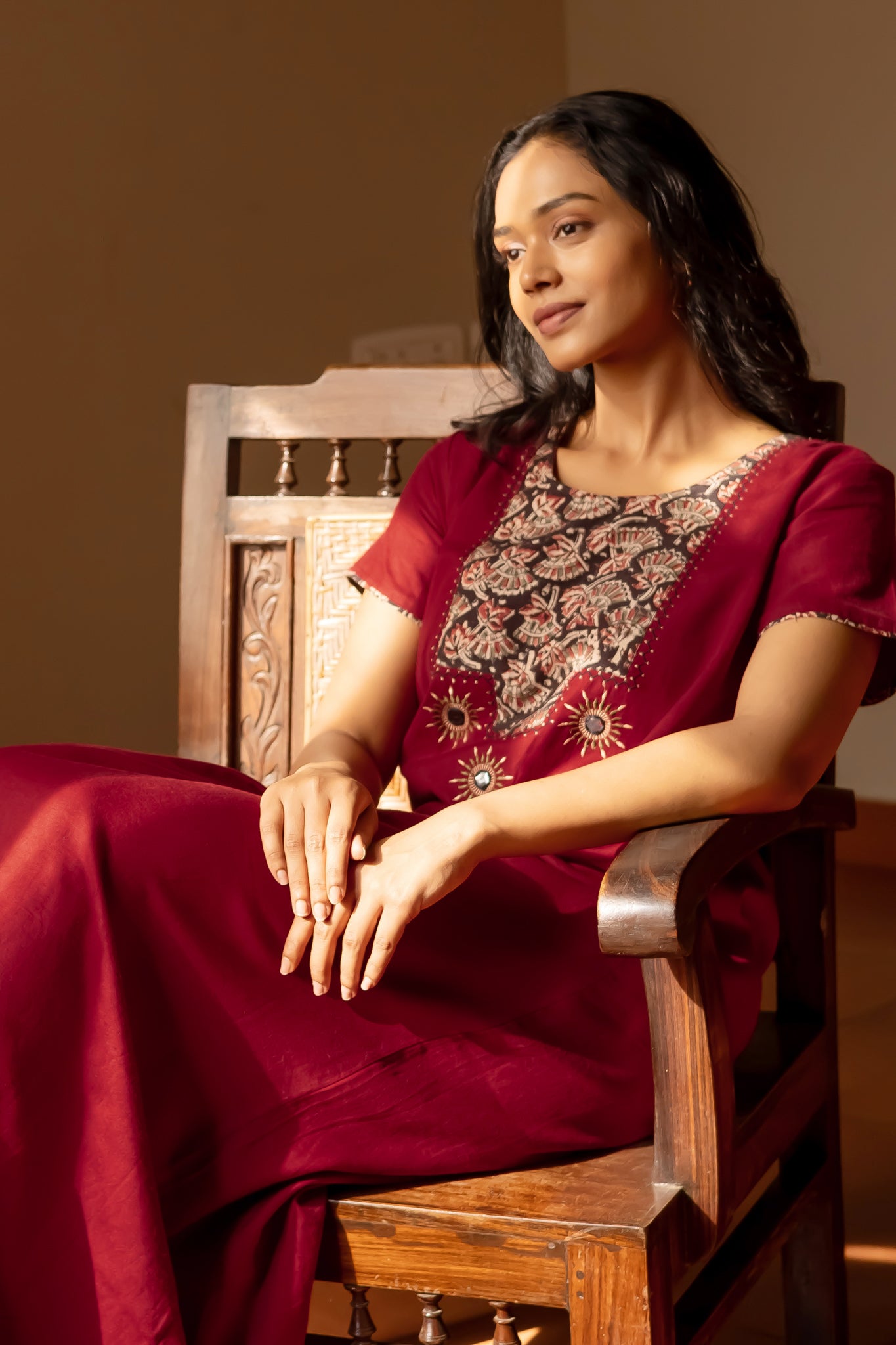 Kalamkari Yoke Patchwork Nighty with Foil Mirror Embroidery - Maroon