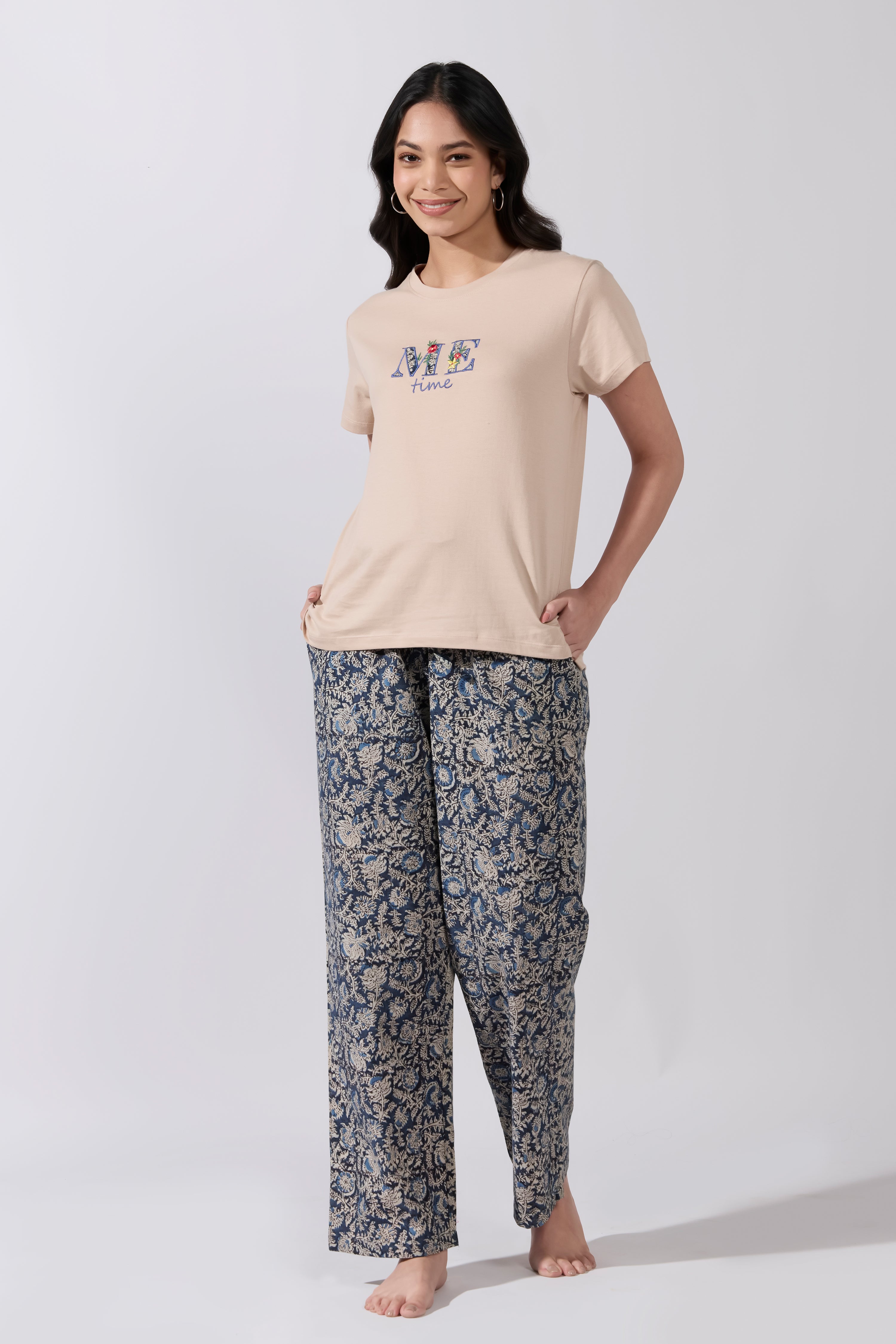 Beige & Blue Kalamkari Cotton Pyjama Set with Me-Time Printed T-Shirt
