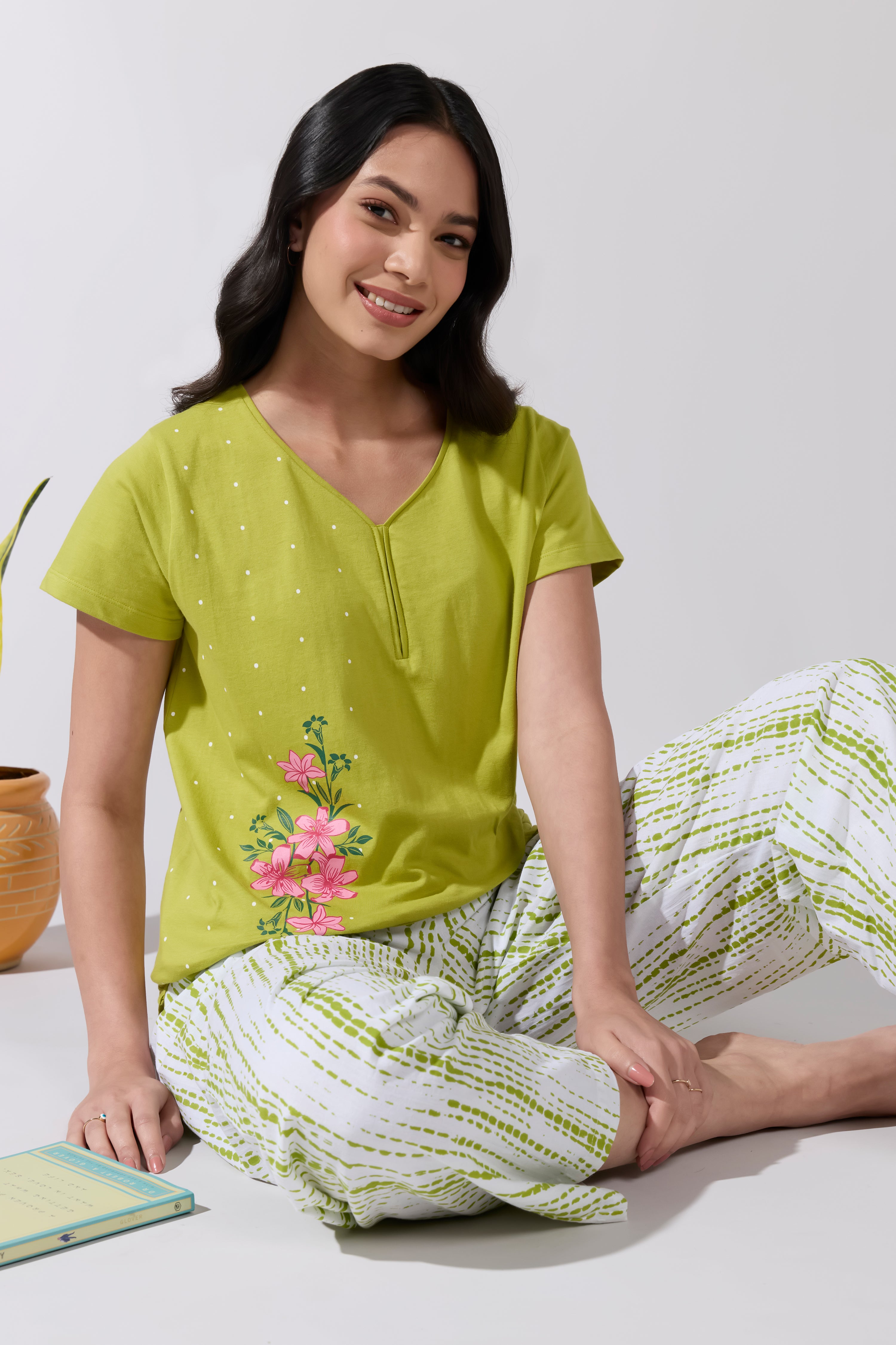 Cotton Printed Pyjama Set with Green T- Shirt & White Printed Pant
