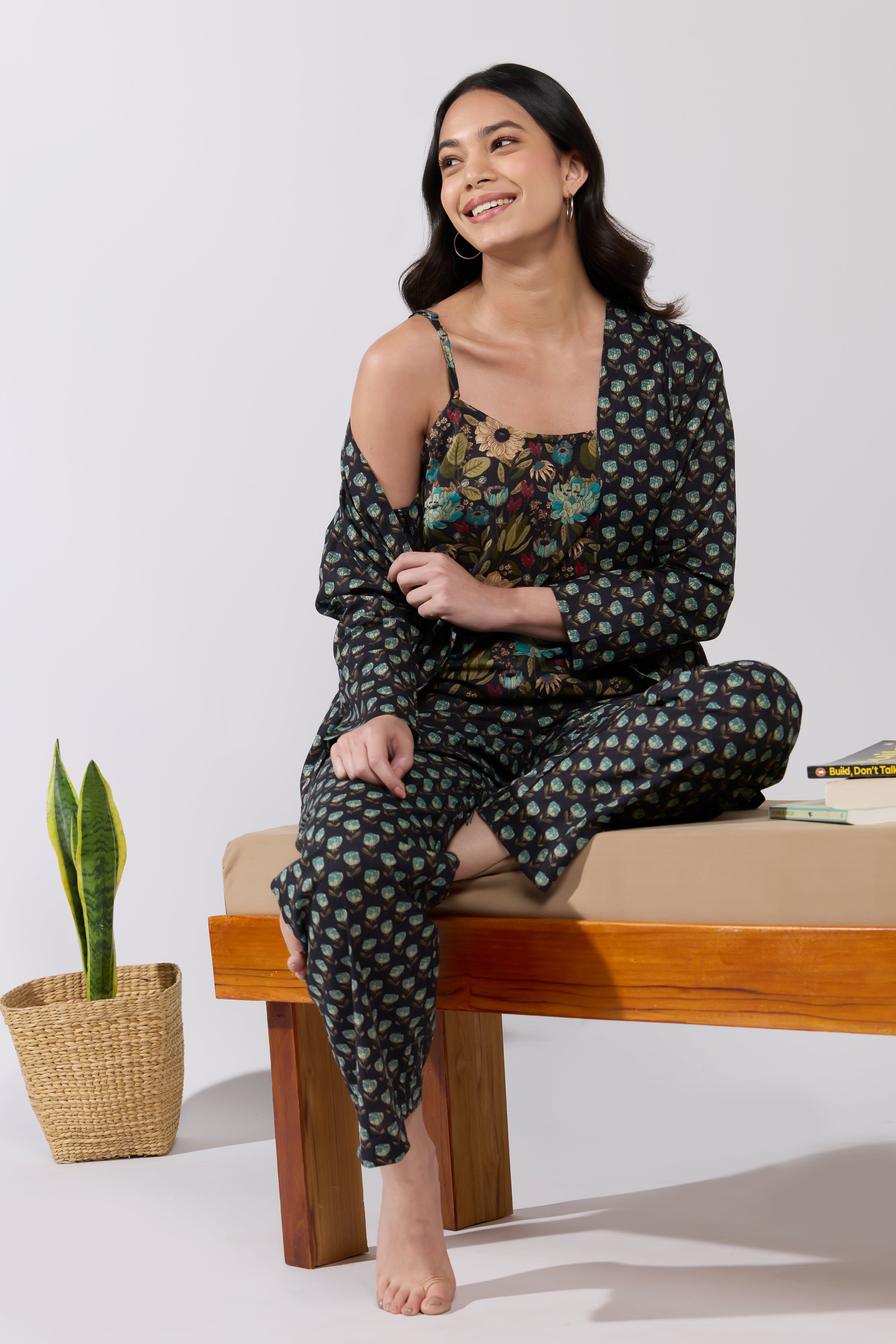 Floral Printed Cotton Black Pjyama Set with Jacket