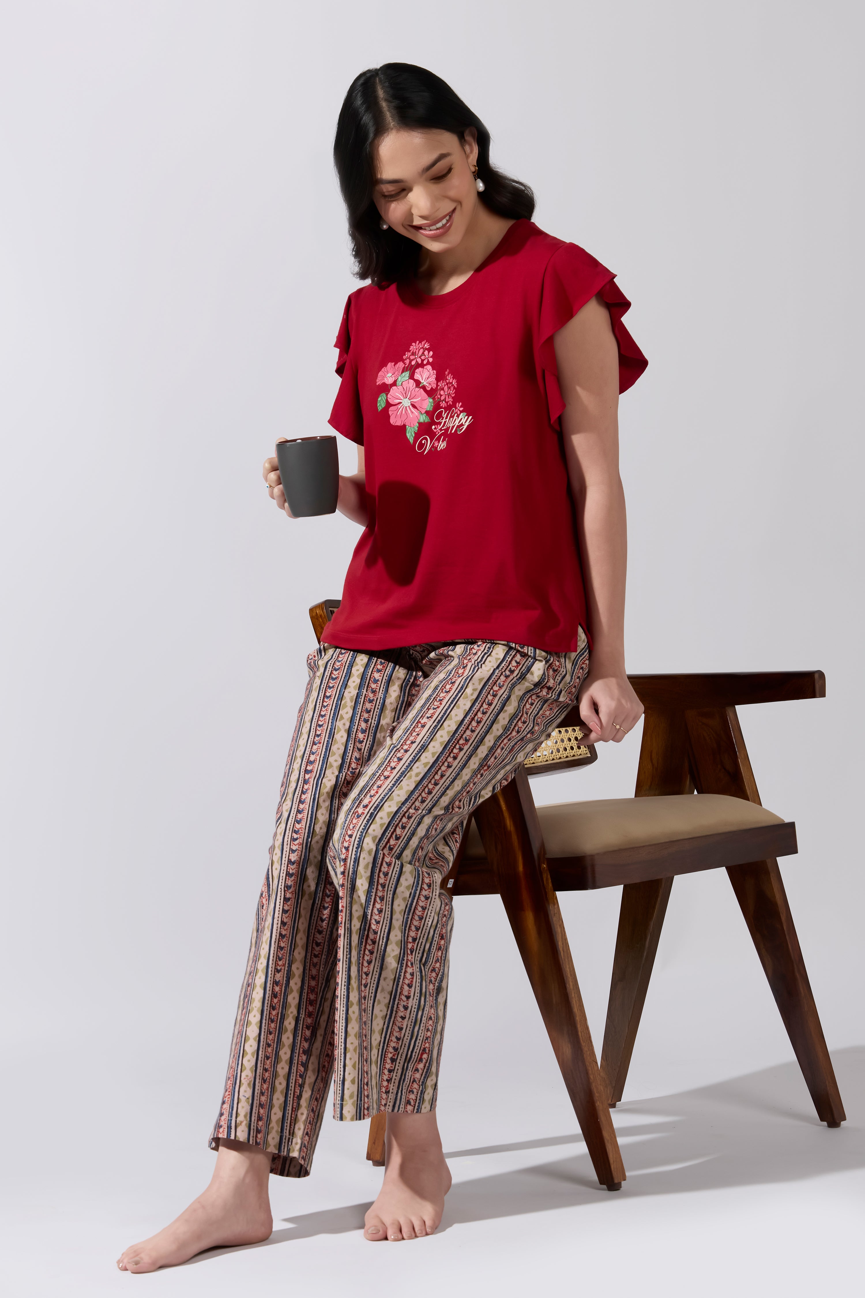 Happy Vibes Printed Red T-Shirt with Kalamkari Printed Pyjama Set