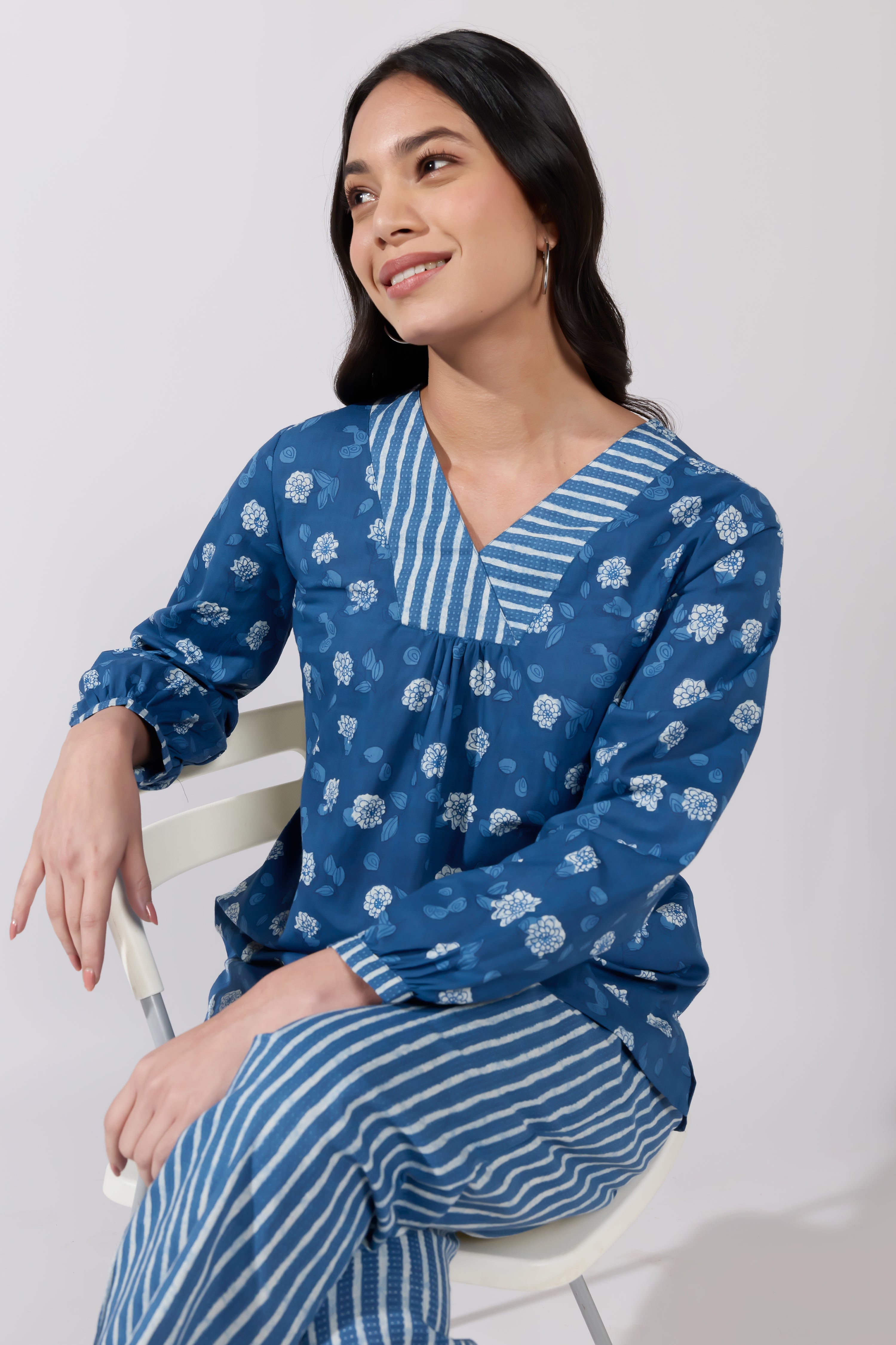 Indigo Floral Printed & Striped Blue Cotton Pyjama Set