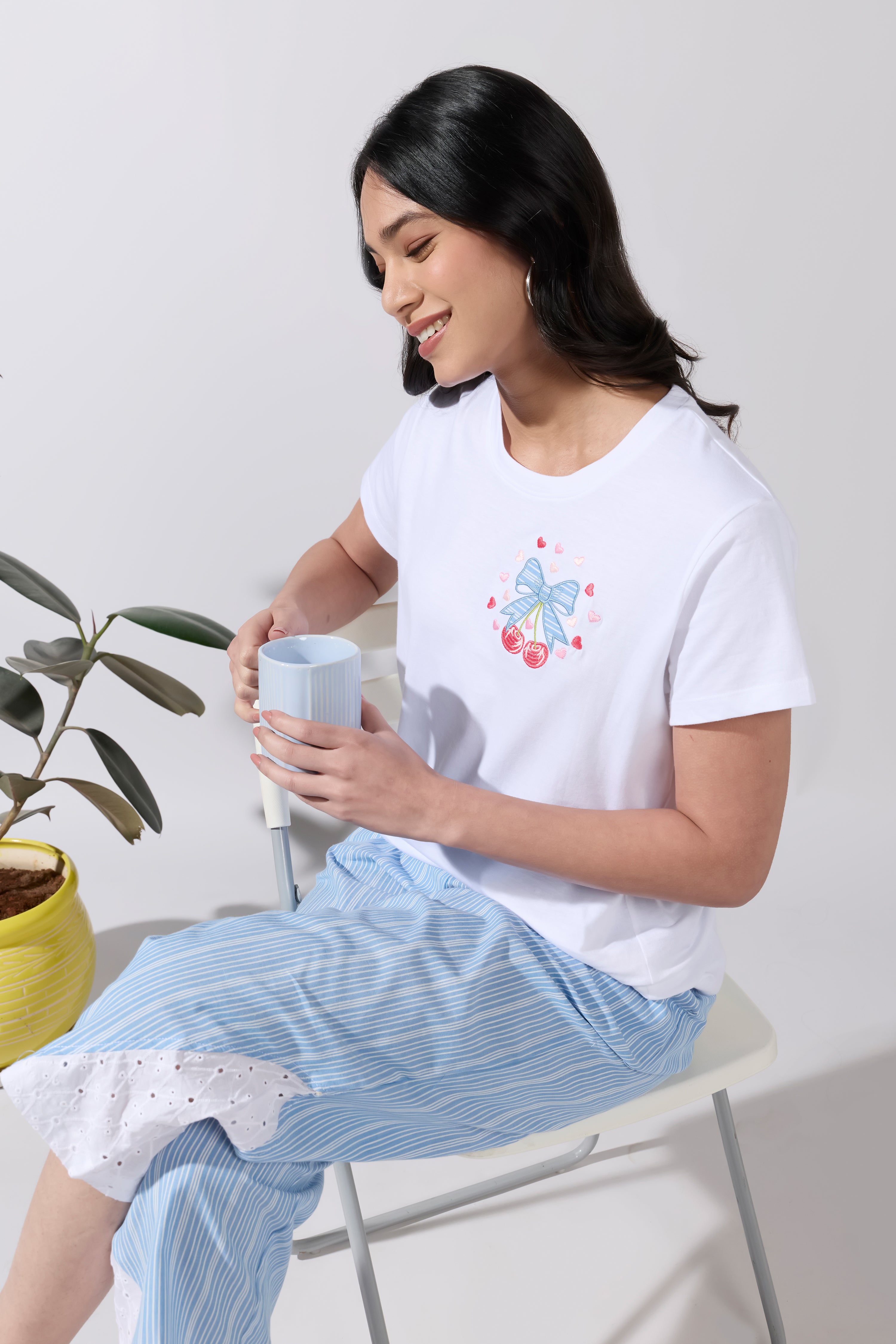 Ribbon Embroidered White T-Shirt with Striped Blue & hakoba Patchwork Pyjama Set