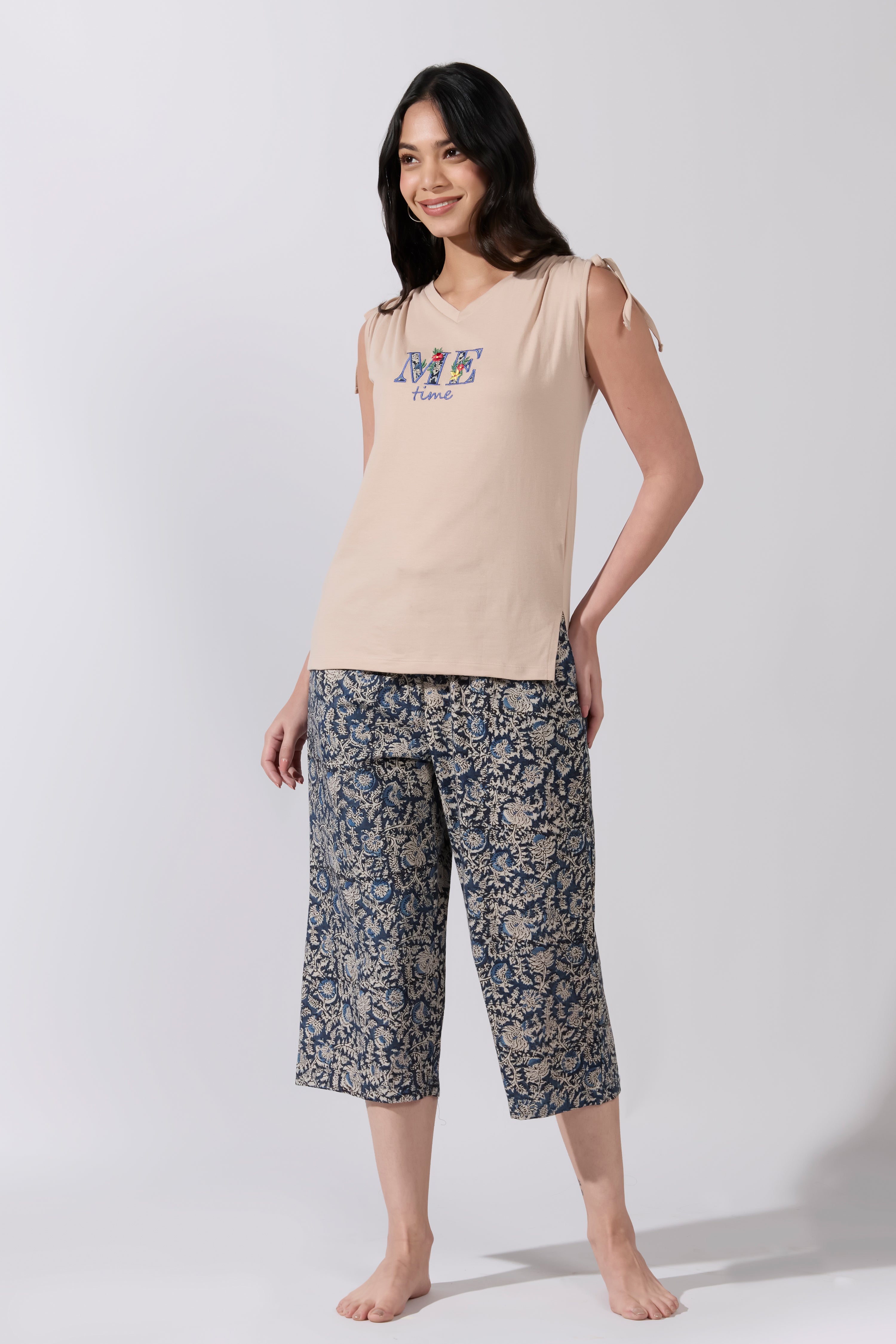 ME Time Printed Tank T-Shirt with Tie up & Kalamkari Printed Pyjama Set