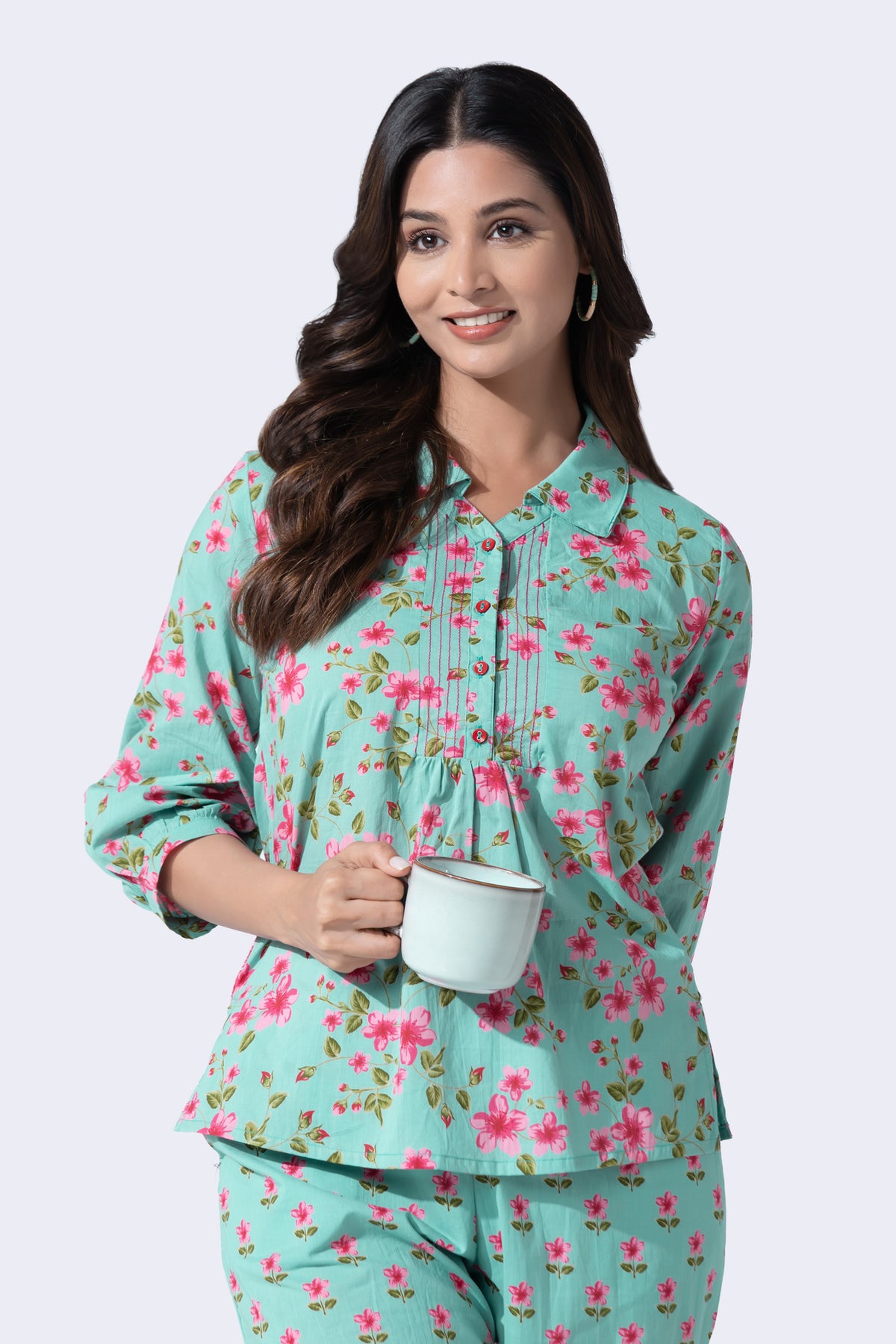 Green Floral Print Cotton Pyjama Set