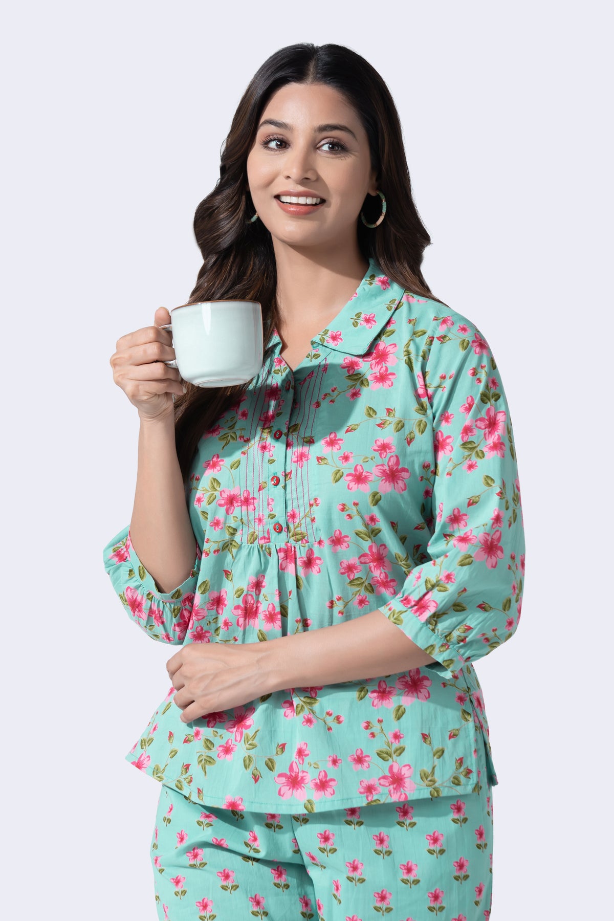 Green Floral Print Cotton Pyjama Set