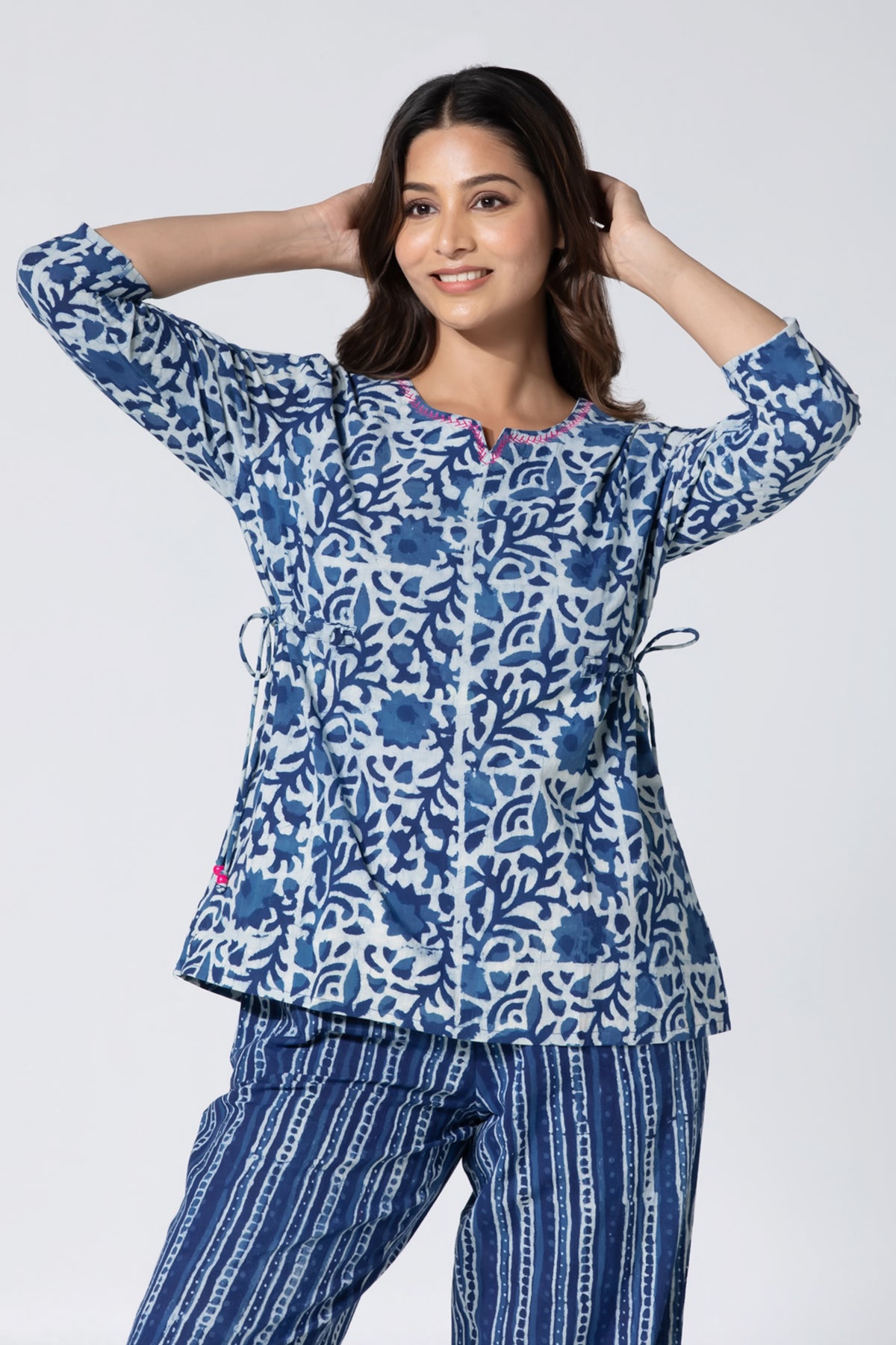 Floral & Striped Indigo Printed Cotton Blue Pyjama set