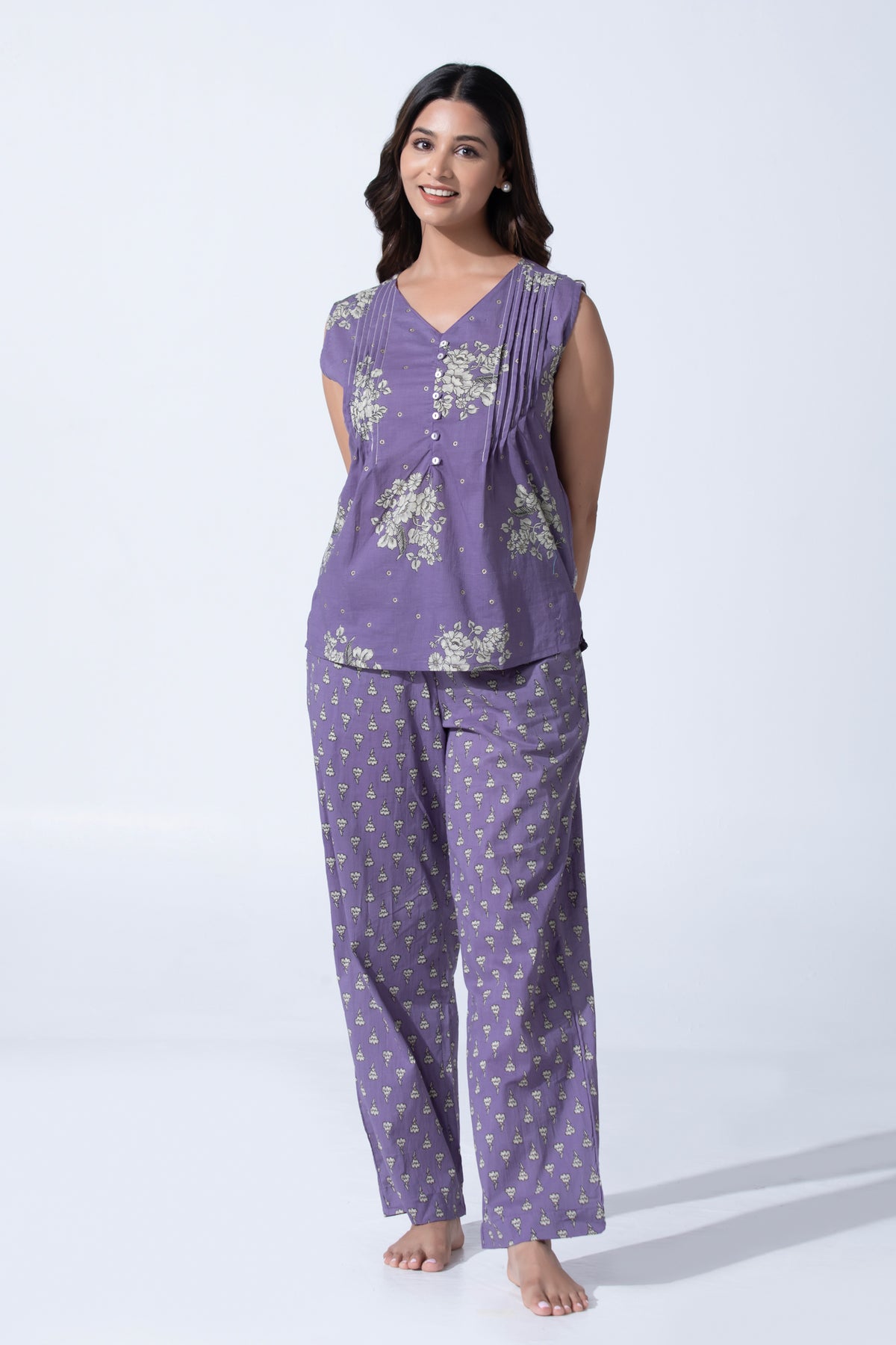 Purple Floral Print Cotton Pyjama Set