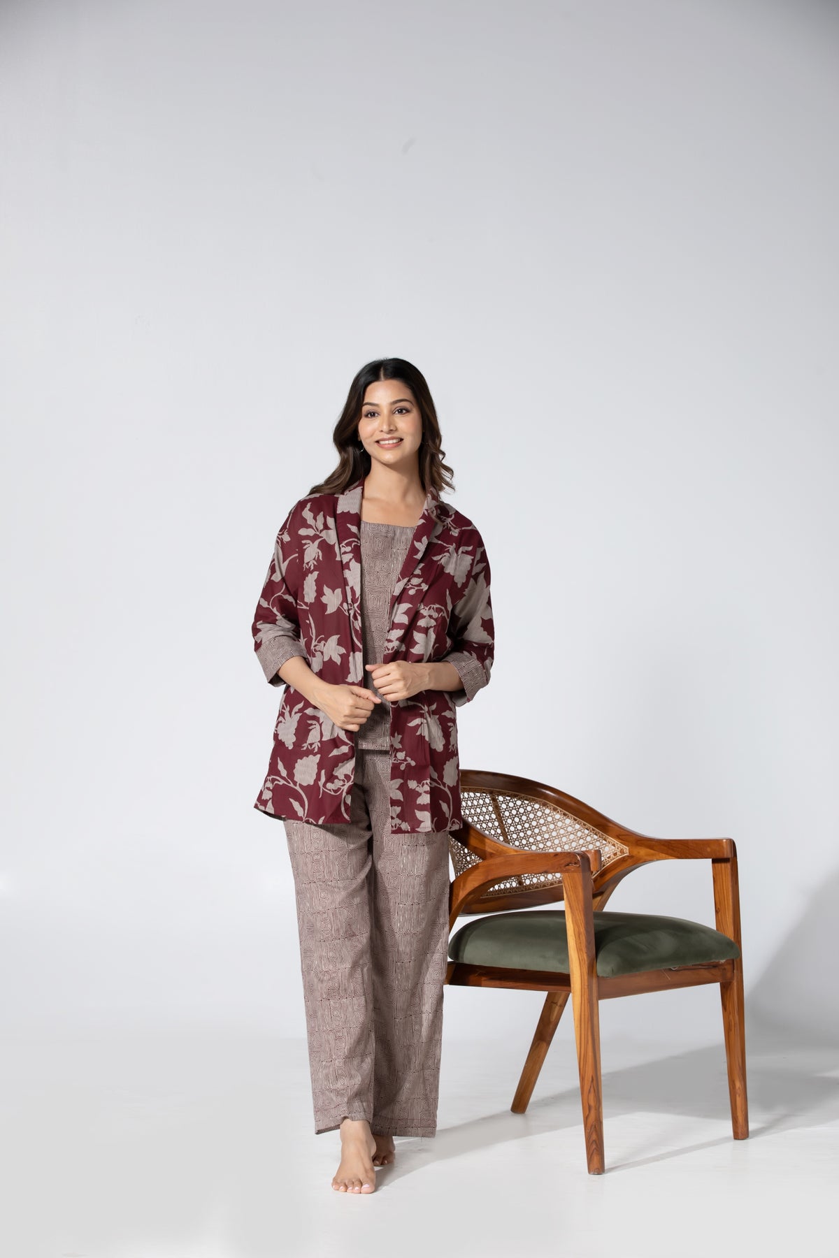 Abstract Line & Floral Printed Brown Cotton Pyjama set with Jacket