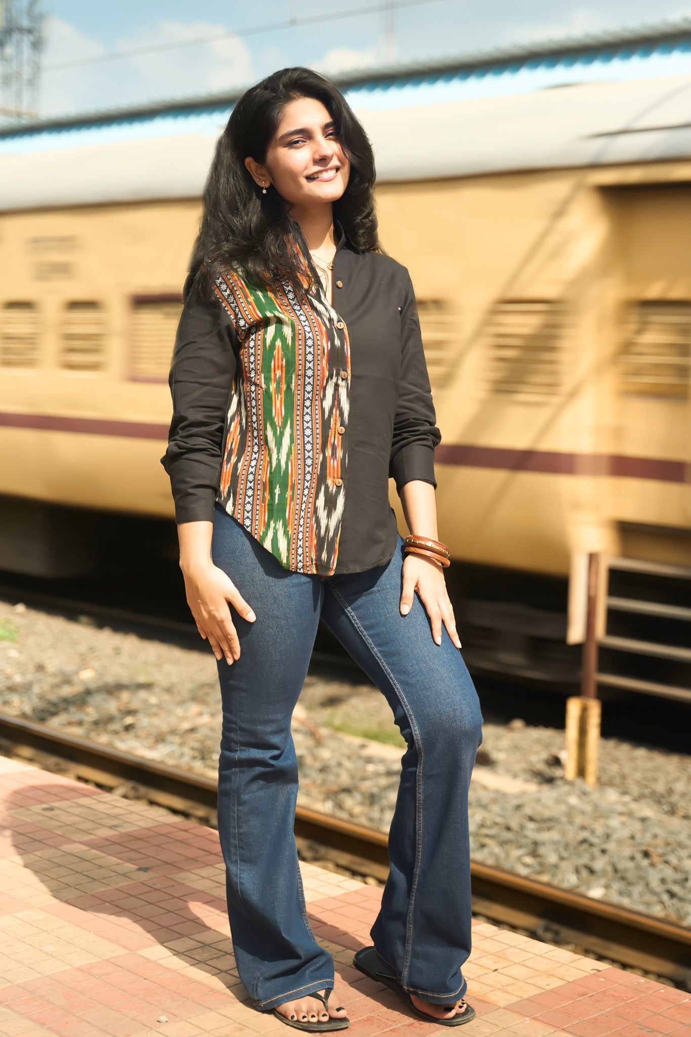 Black Cotton Shirt with Ikkat Design For Women