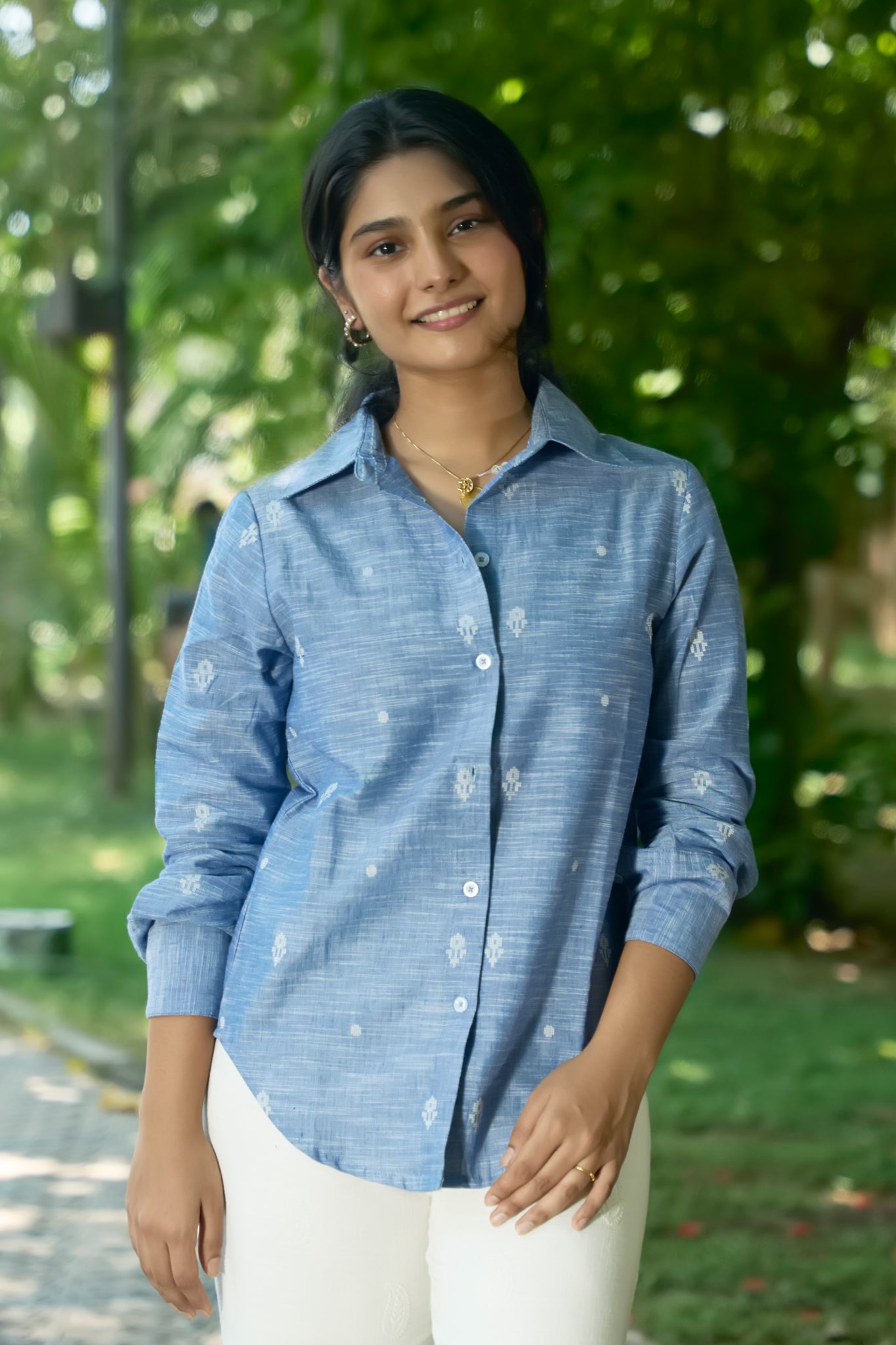 Blue Cotton Slub Shirt with Dobby Design