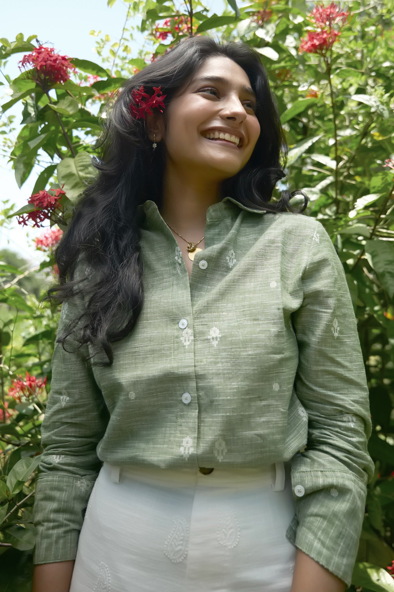 Green Cotton Slub Shirt with Dobby Design