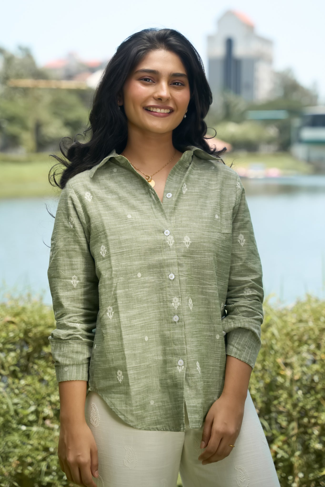 Green Cotton Slub Shirt with Dobby Design