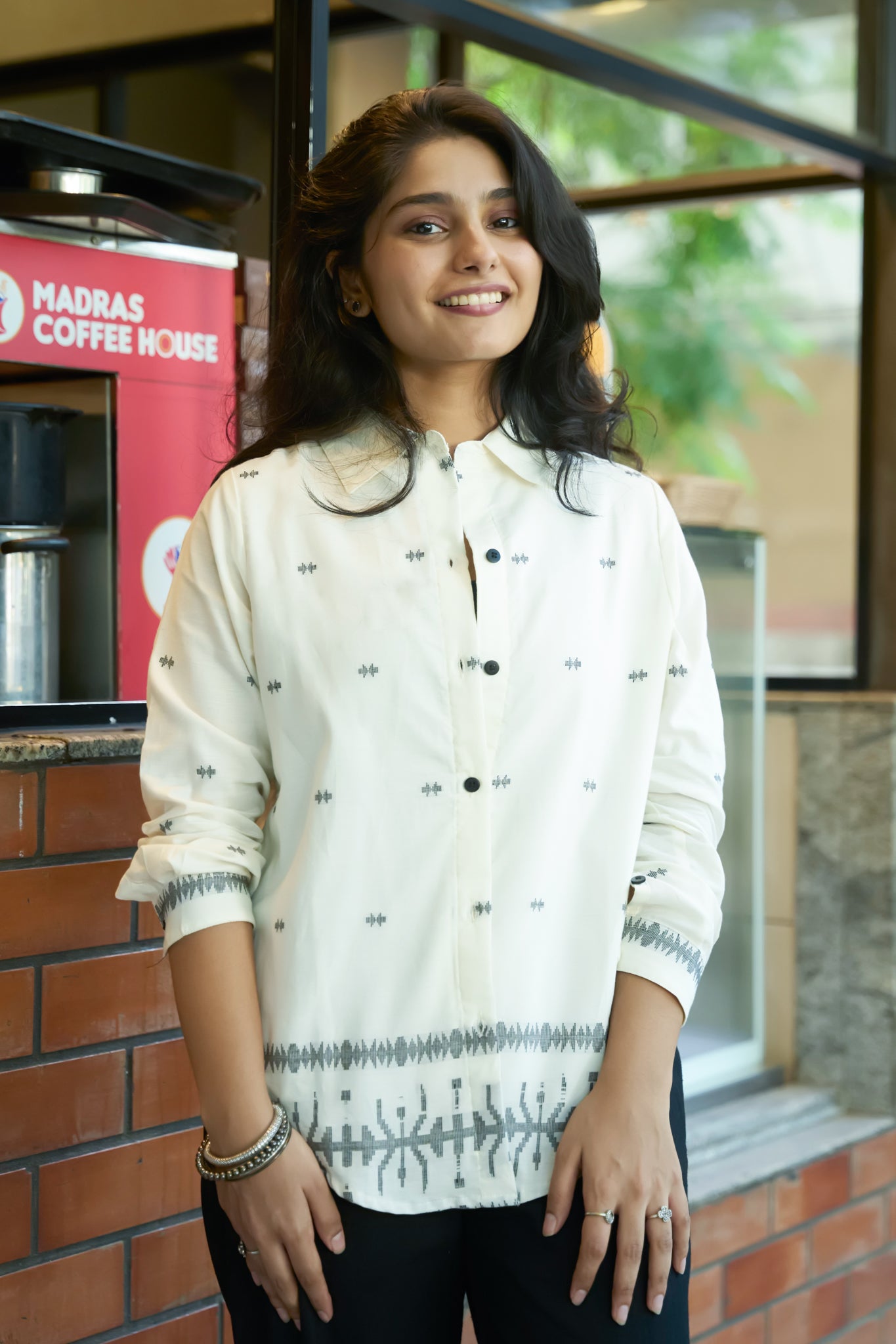 Off-White Cotton Shirt with Black Jamdani Design – Maybell Womens