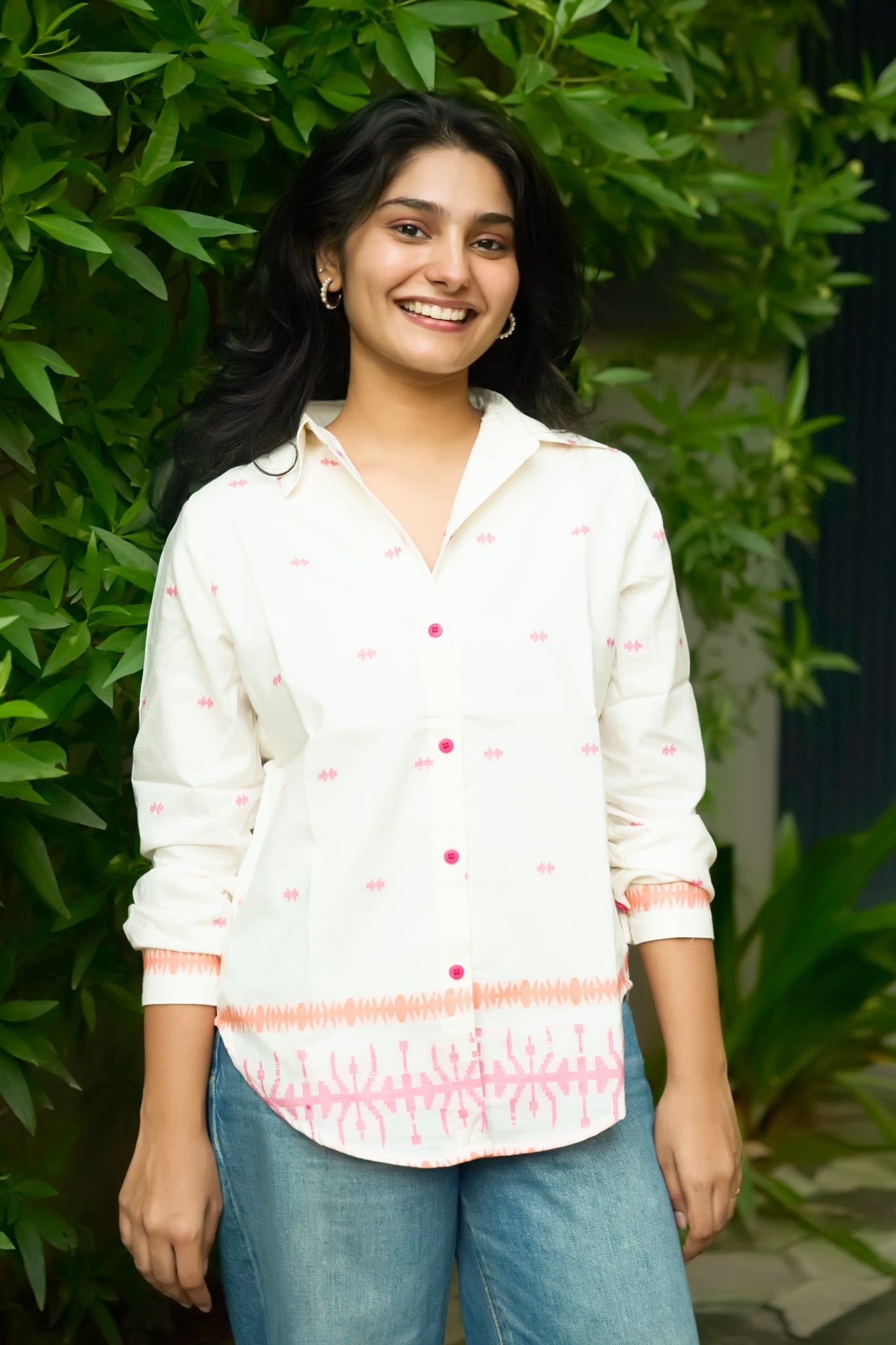 Off-White Cotton Shirt with Two-Colored Jamdani Design