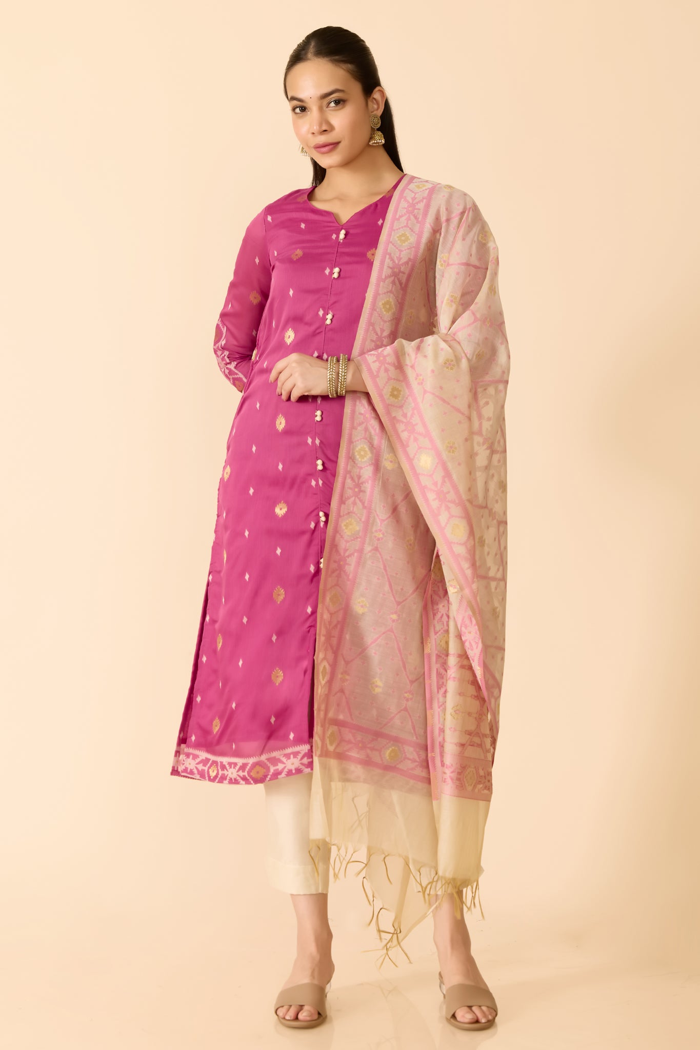 PINK JAMDHANI CHANDERI KURTA SET