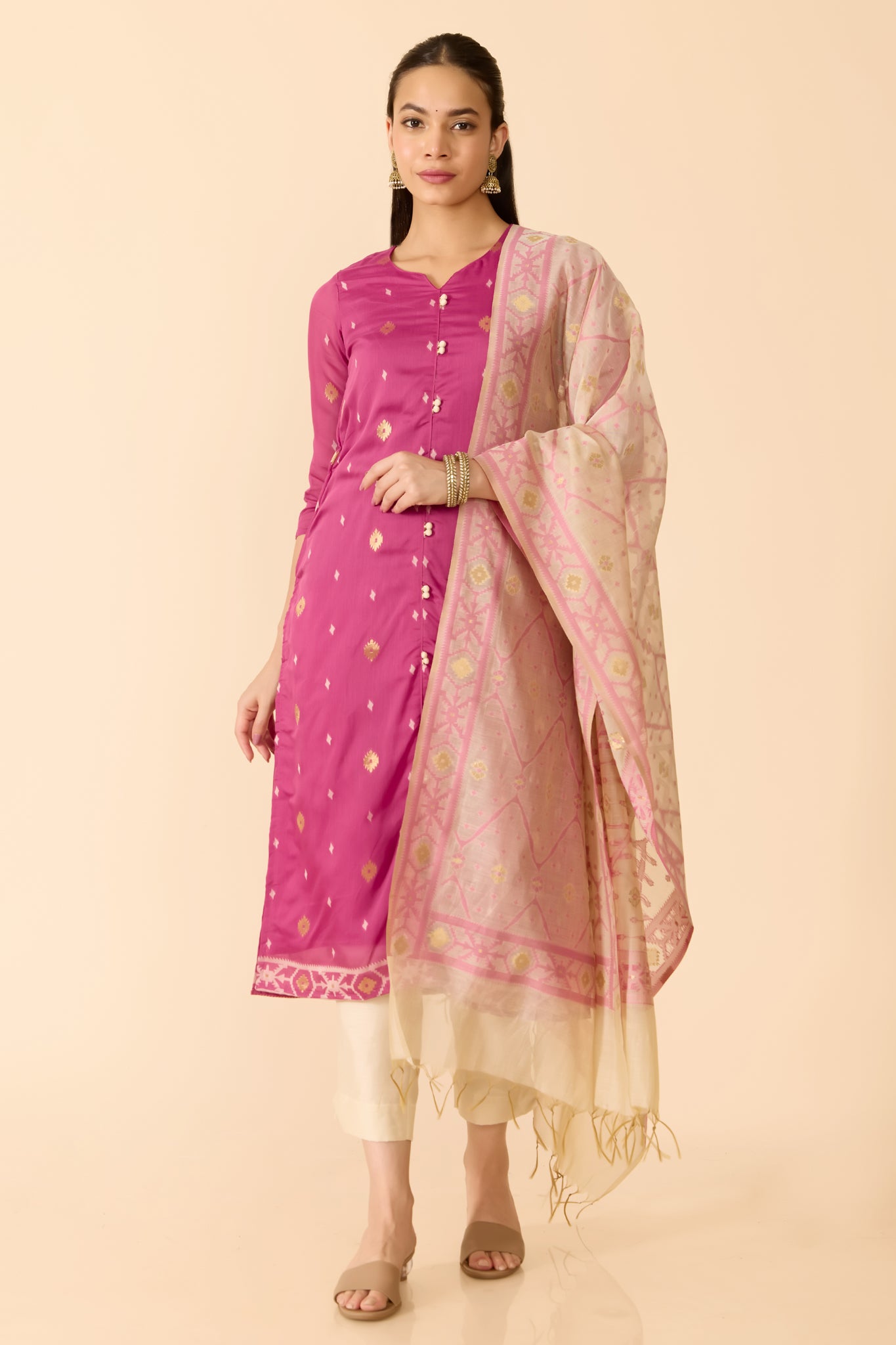 PINK JAMDHANI CHANDERI KURTA SET