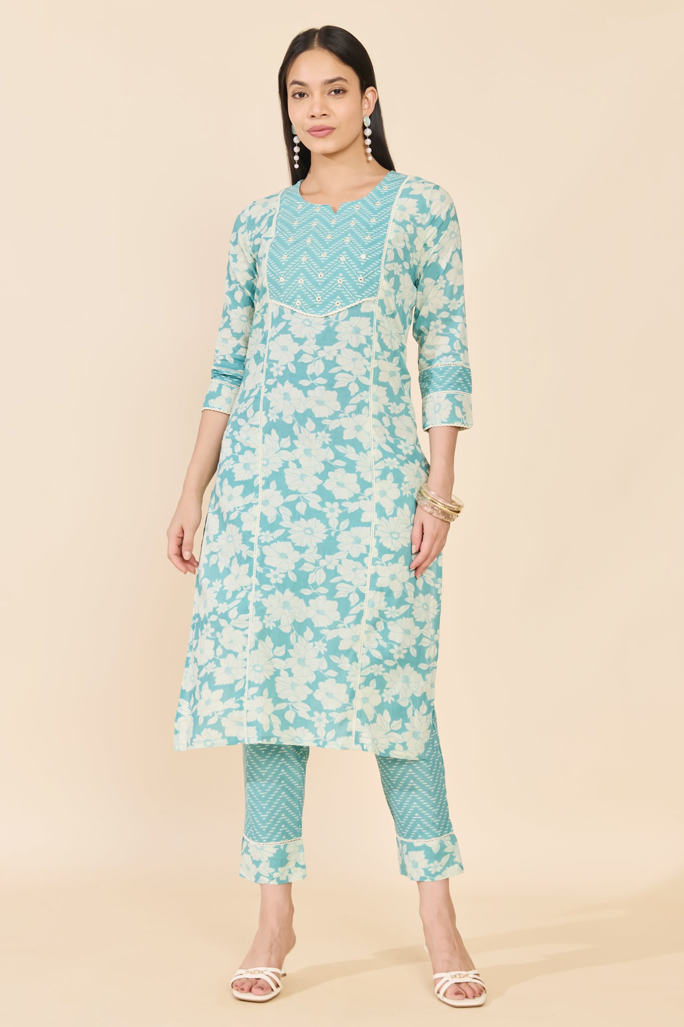 BLUE FLORAL COTTON KURTA SET