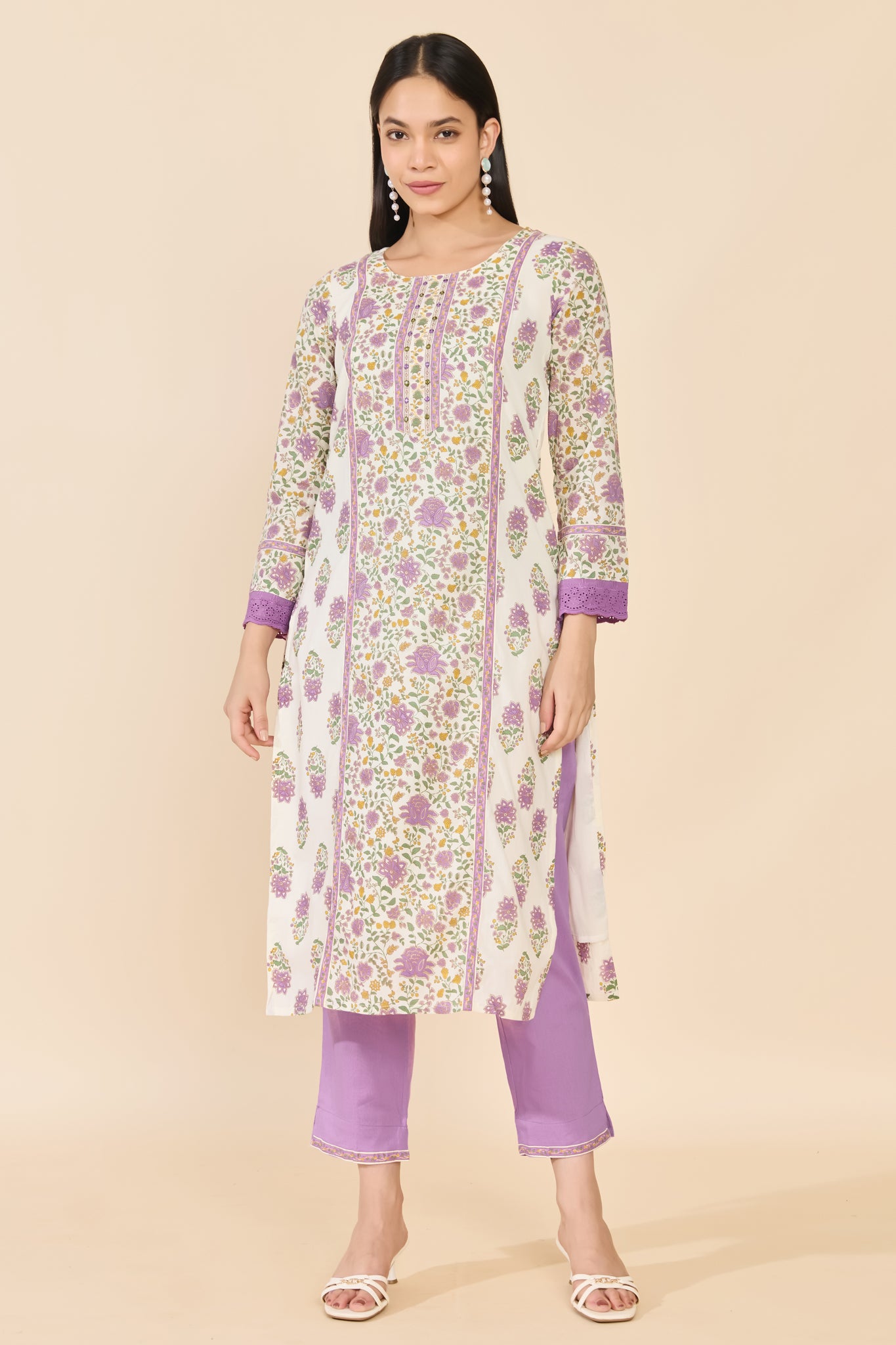 WHITE FLORAL COTTON KURTA SET