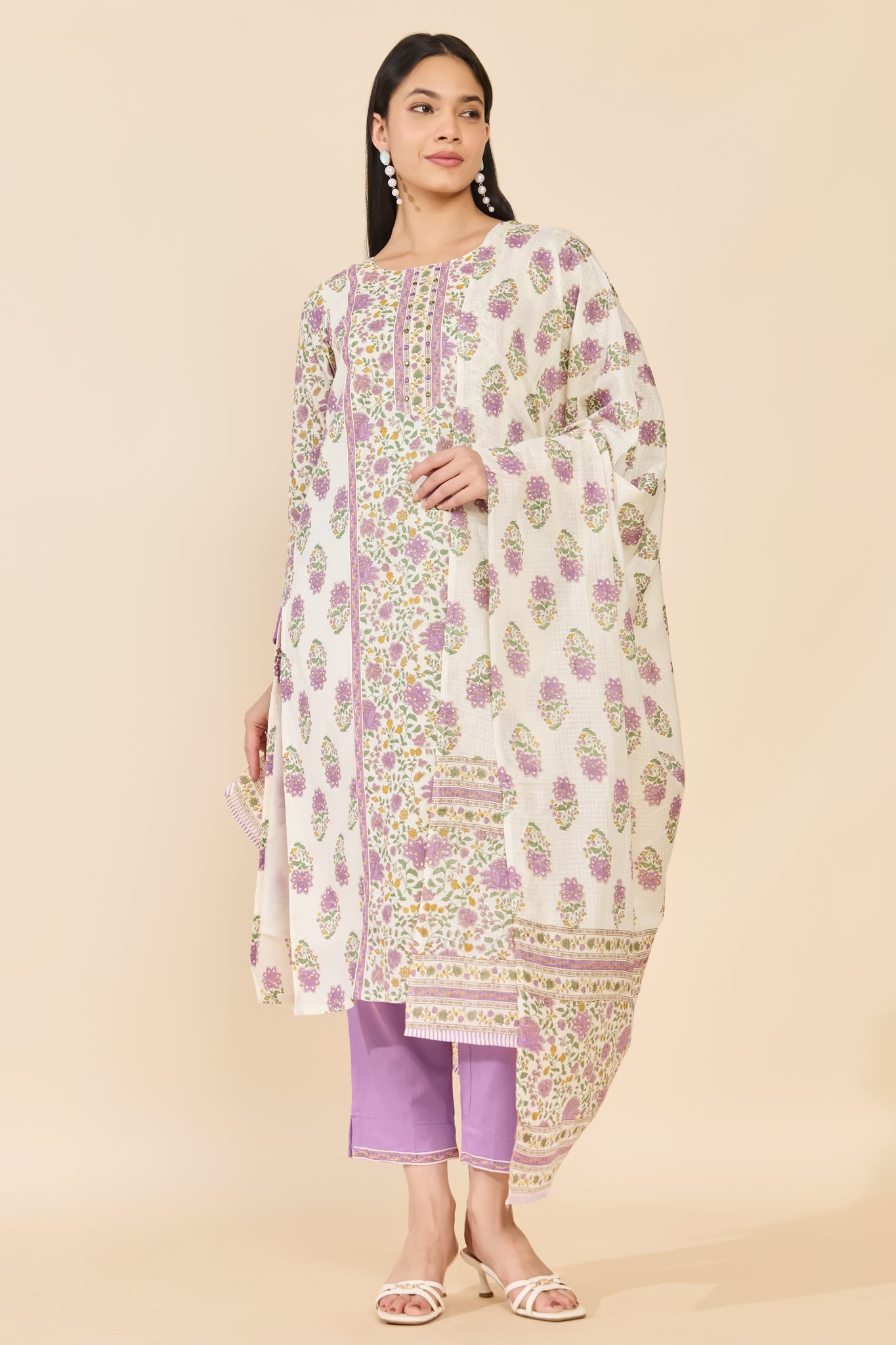 WHITE FLORAL COTTON KURTA SET
