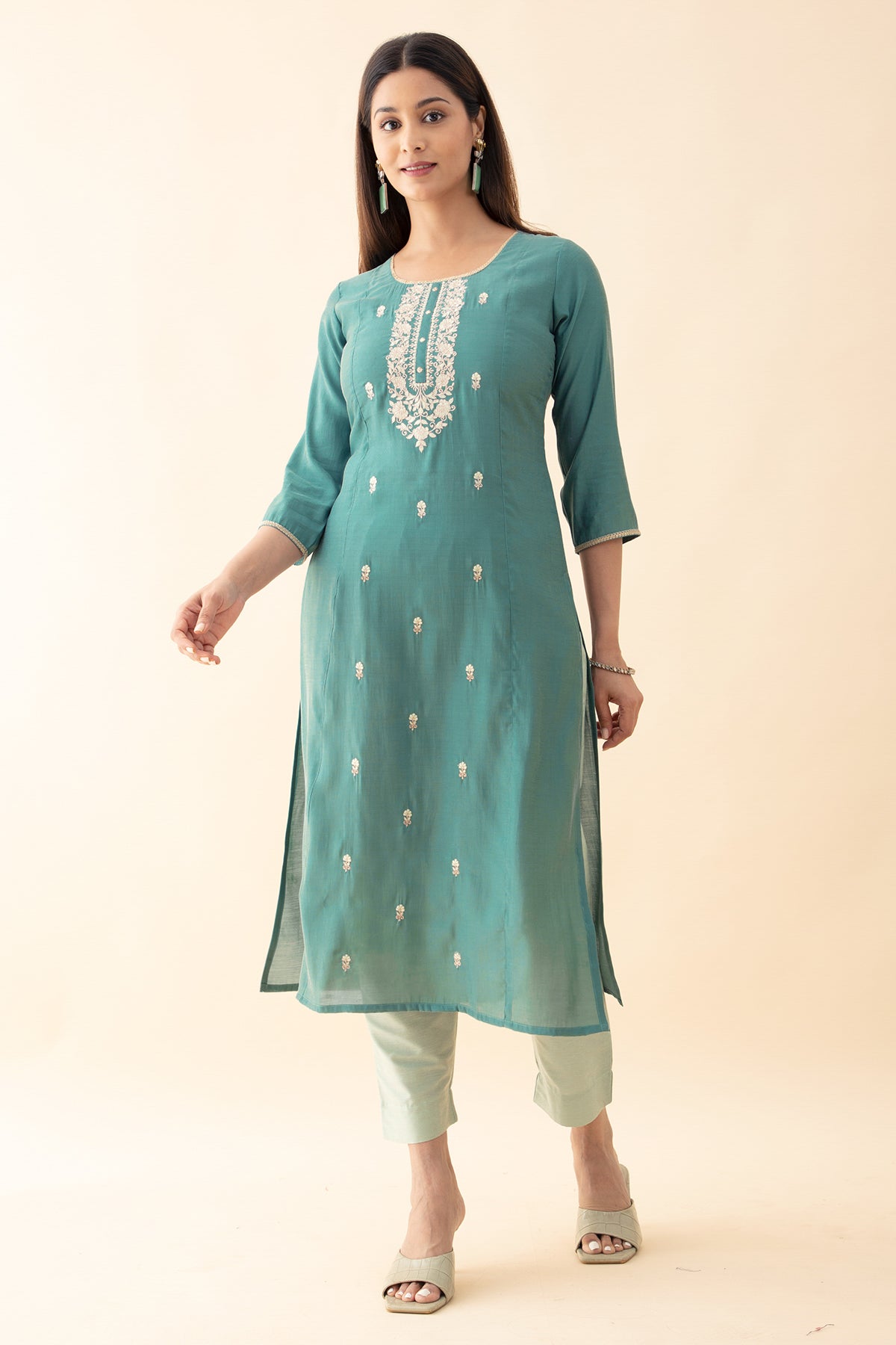 Embroidered Kurta Set with Brocade Dupatta - Blue & Green