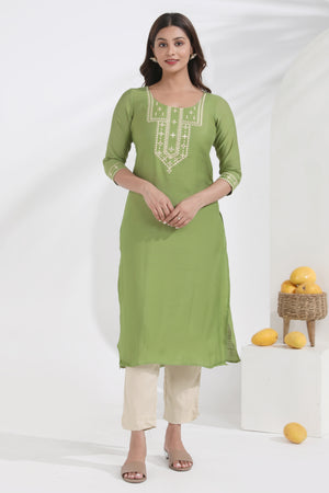 Embroidered Green & Beige Kurtaset with Dobby Dupatta