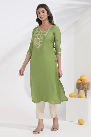 Embroidered Green & Beige Kurtaset with Dobby Dupatta