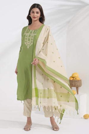 Embroidered Green & Beige Kurtaset with Dobby Dupatta