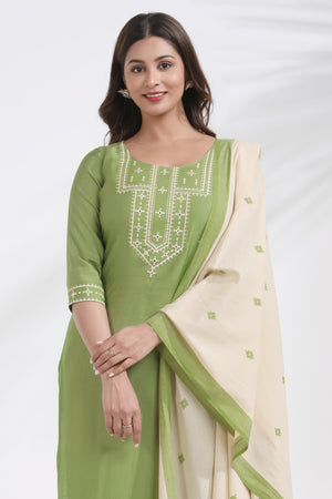 Embroidered Green & Beige Kurtaset with Dobby Dupatta