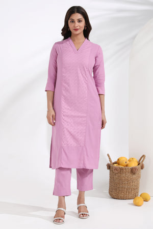 Light Pink A-Line Kurta Set with Shiffly & Hakoba Detailing