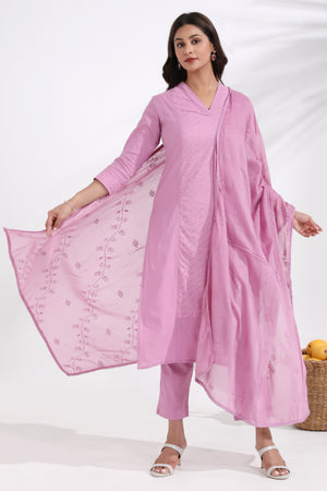 Light Pink A-Line Kurta Set with Shiffly & Hakoba Detailing