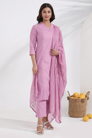 Light Pink A-Line Kurta Set with Shiffly & Hakoba Detailing