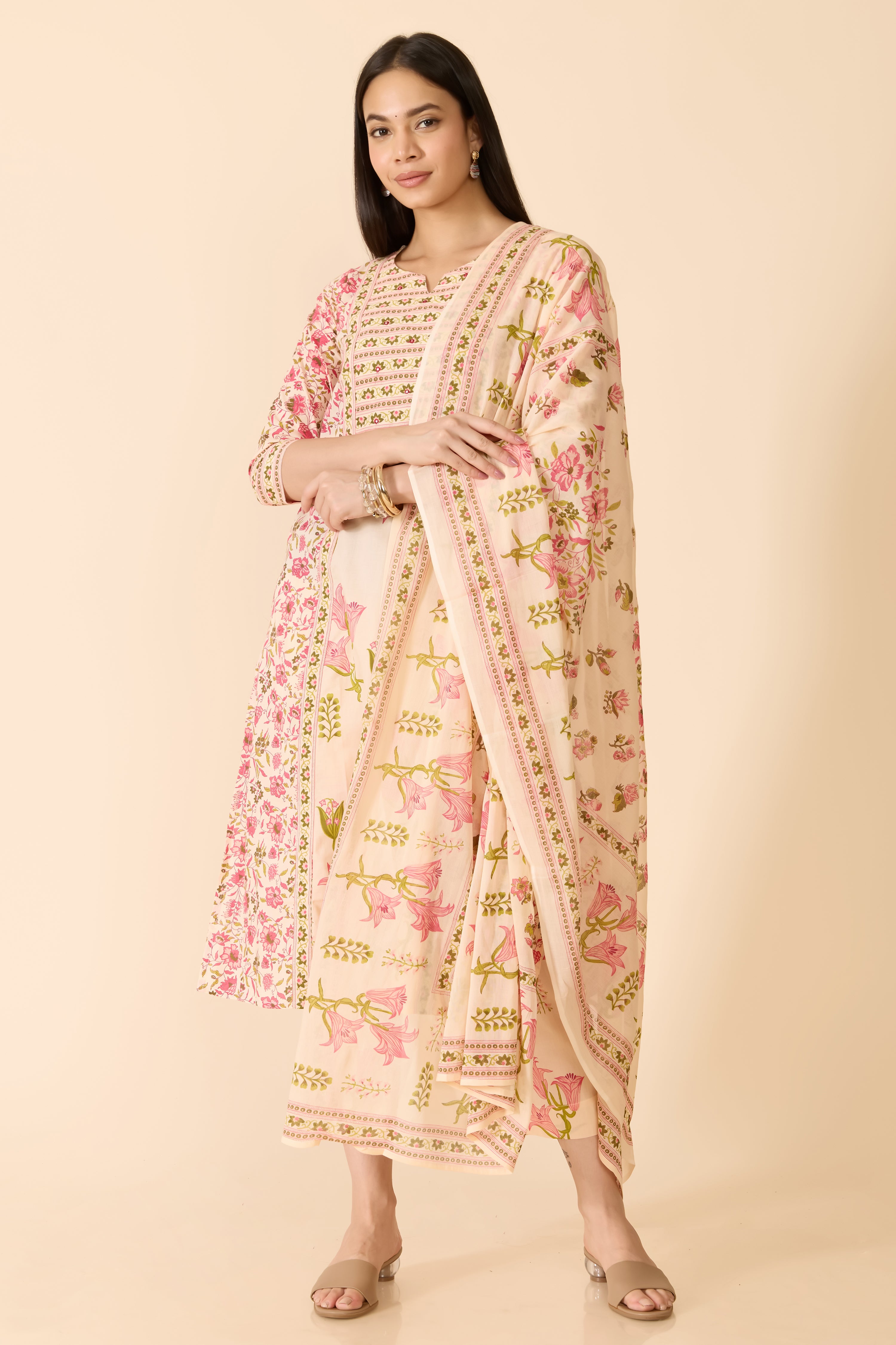 BEIGE FLORAL COTTON KURTA SET