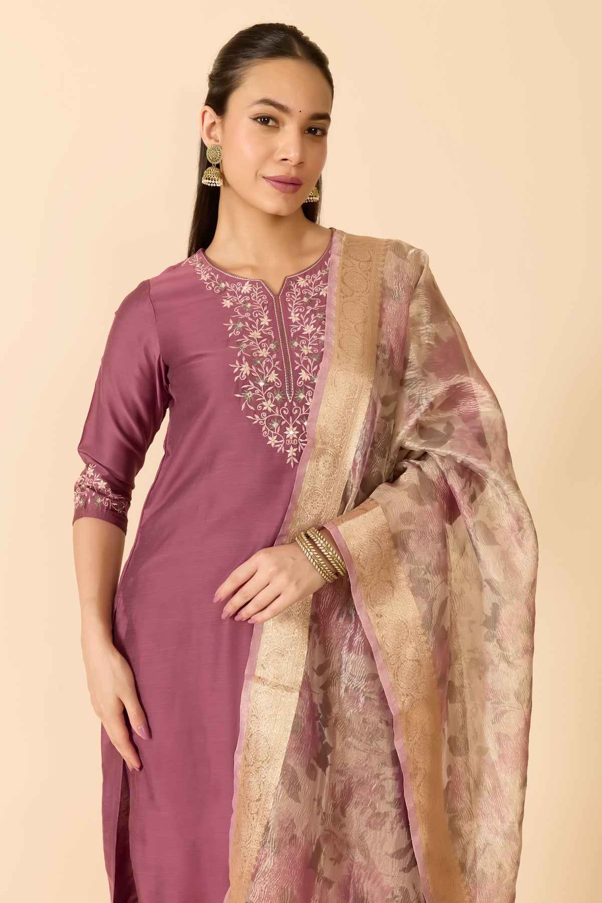 MAUVE KURTA SET WITH PINK DUPATTA