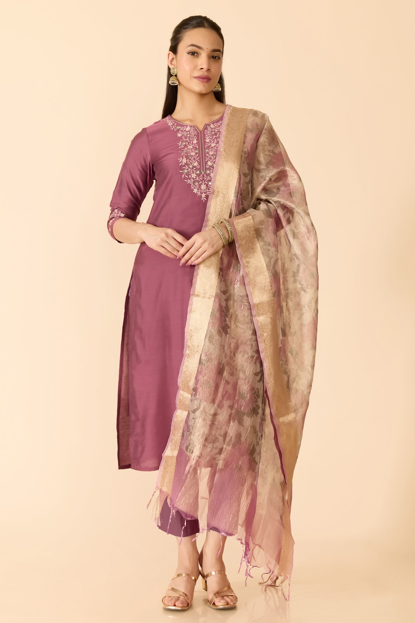 MAUVE KURTA SET WITH PINK DUPATTA