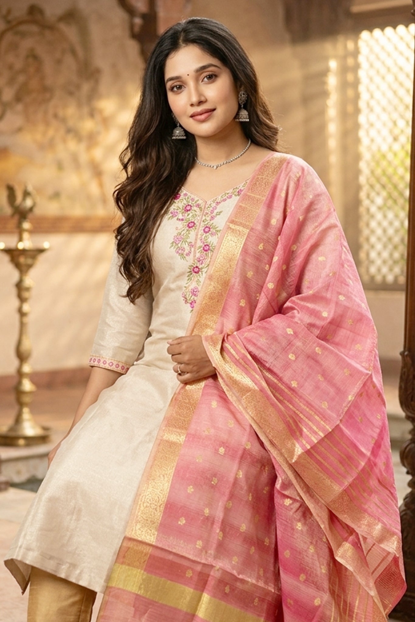 BEIGE TISSUE KURTA SET WITH PINK DUPATTA