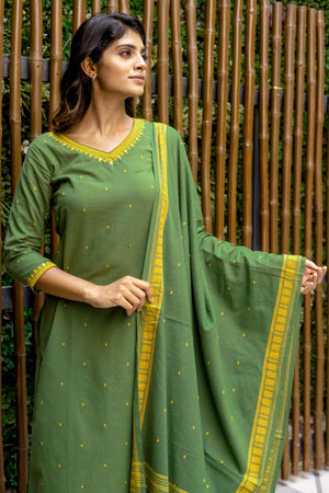 Cotton Dobby Weave & Embroidered Green Kurtaset with Dupatta