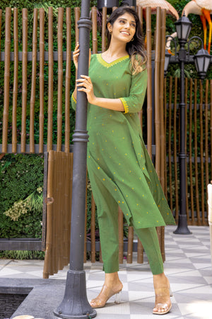 Cotton Dobby Weave & Embroidered Green Kurtaset with Dupatta