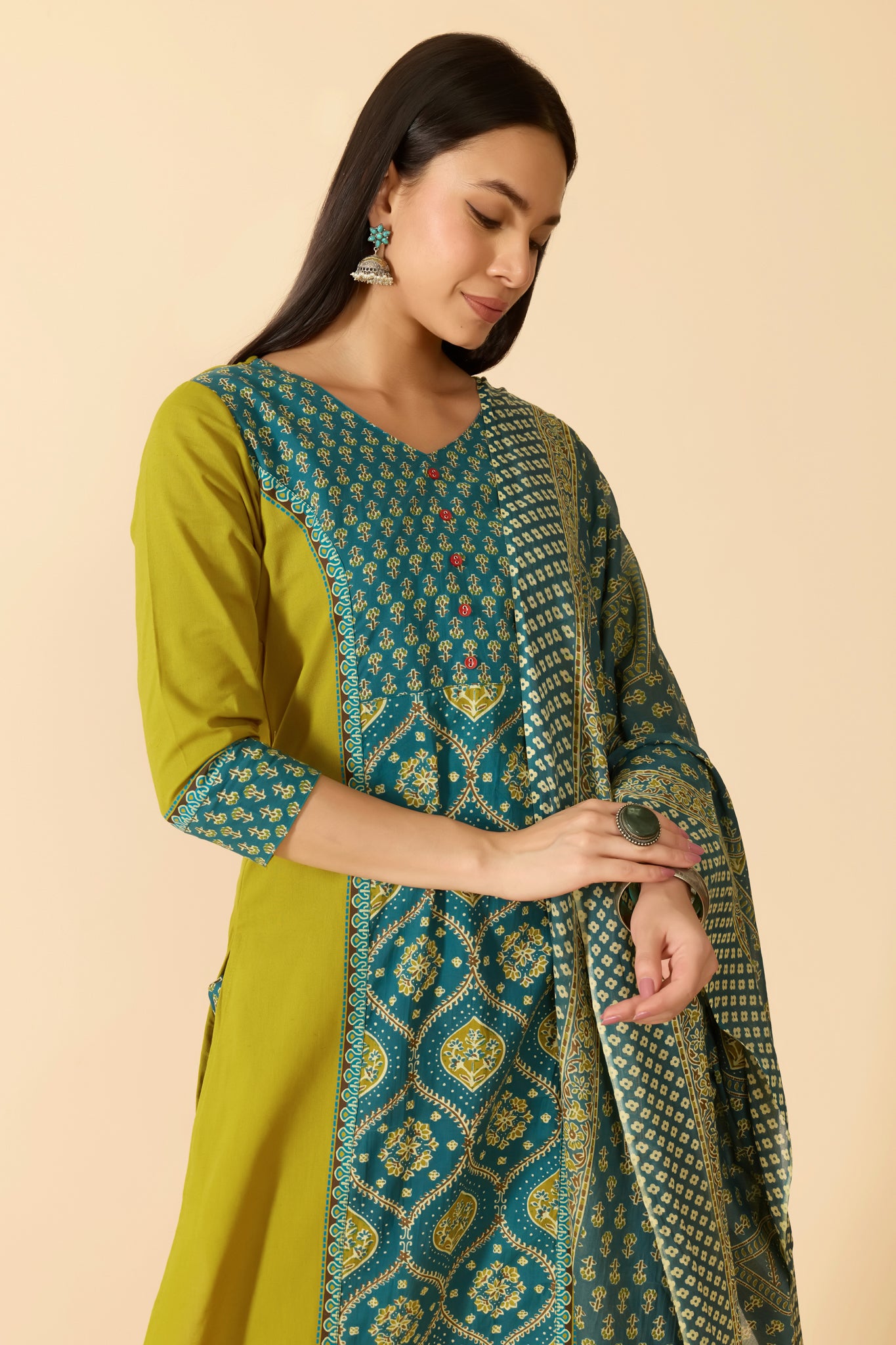 GREEN FLORAL COTTON KURTA SET