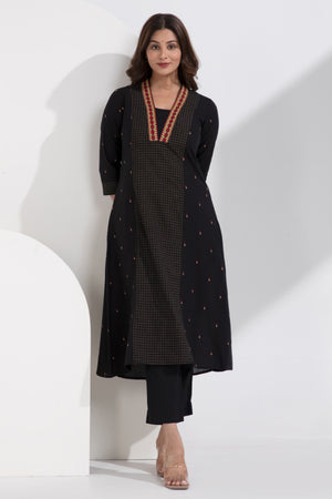 Cotton Dobby Black Manglagiri Kurtaset with Checkered Dupatta