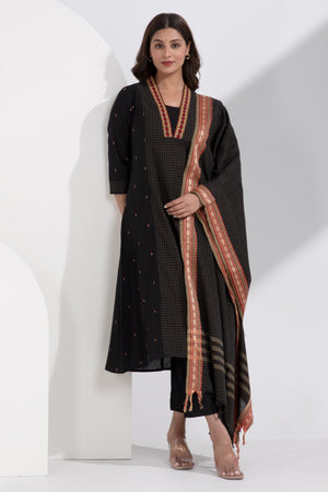 Cotton Dobby Black Manglagiri Kurtaset with Checkered Dupatta
