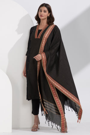 Cotton Dobby Black Manglagiri Kurtaset with Checkered Dupatta