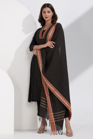 Cotton Dobby Black Manglagiri Kurtaset with Checkered Dupatta