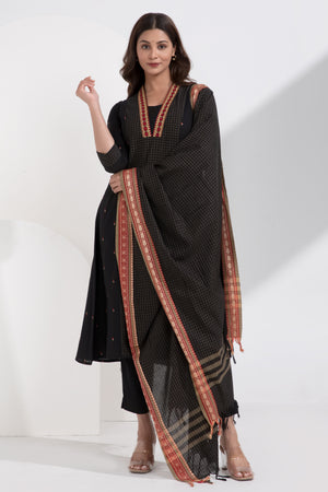 Cotton Dobby Black Manglagiri Kurtaset with Checkered Dupatta