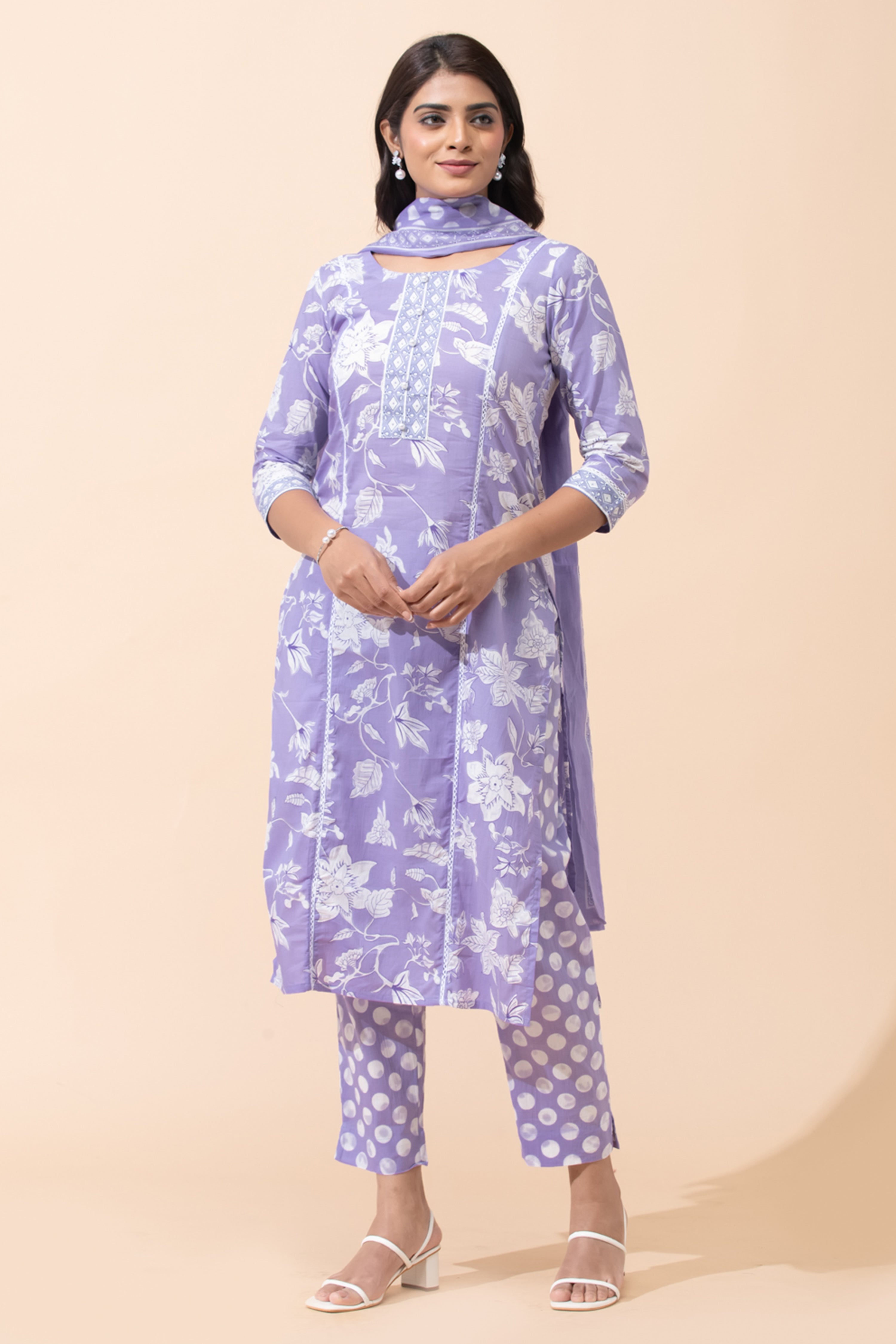 Lavender Floral Printed Cotton Kurta Set