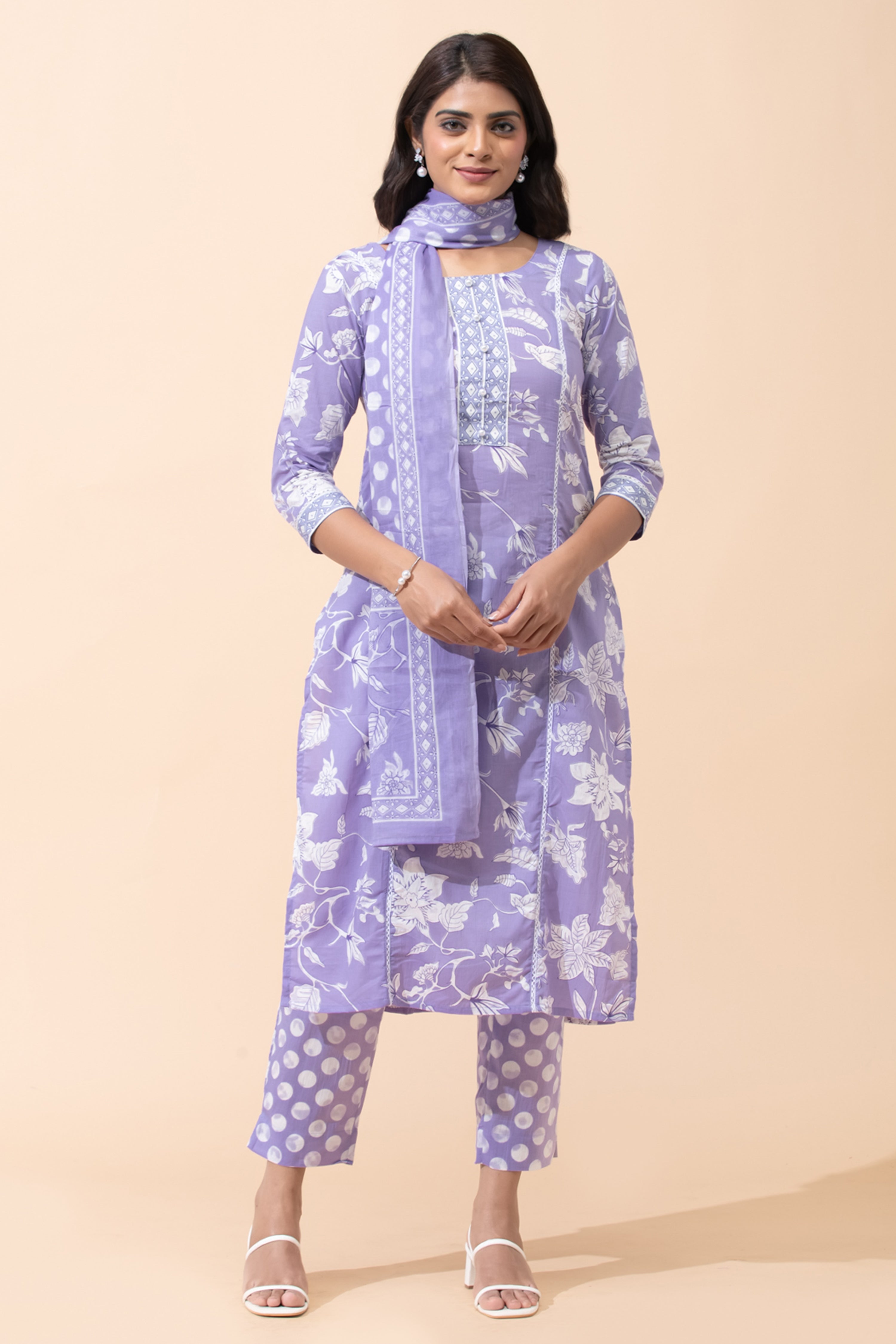 Lavender Floral Printed Cotton Kurta Set